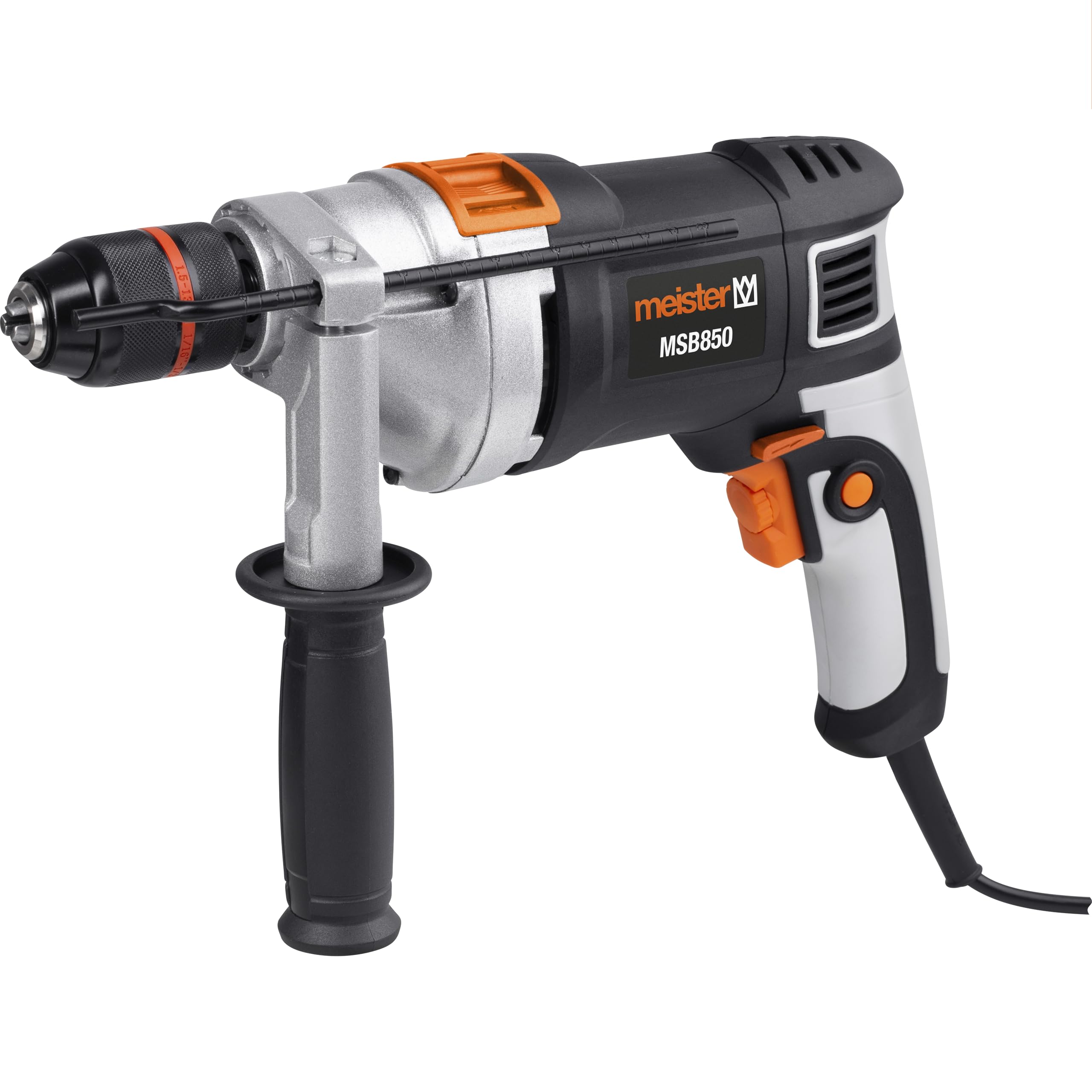 Meister Trapano a percussione 850 W, MSB850 – Mandrino a sgancio rapido – Preselezione della velocità – Impugnatura aggiuntiva & arresto di profondità/martello/trapano/trapano a percussione per legno,