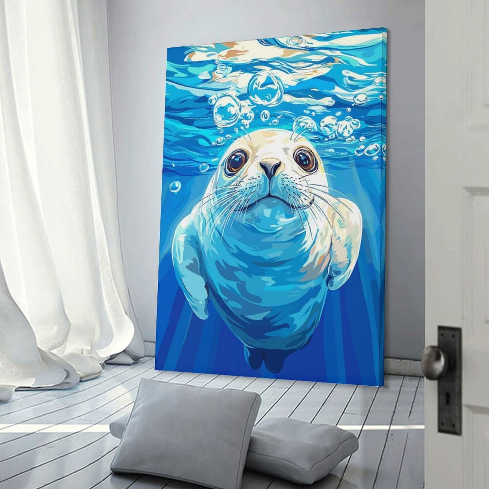 Junmoney Seal Underwater with Bubbles Illustration Room Decor Wall Art, 20x30inch(50x75cm), for Front Hall, Corridor Or Welcome Spaces, A Neat Decor Update for Hallways