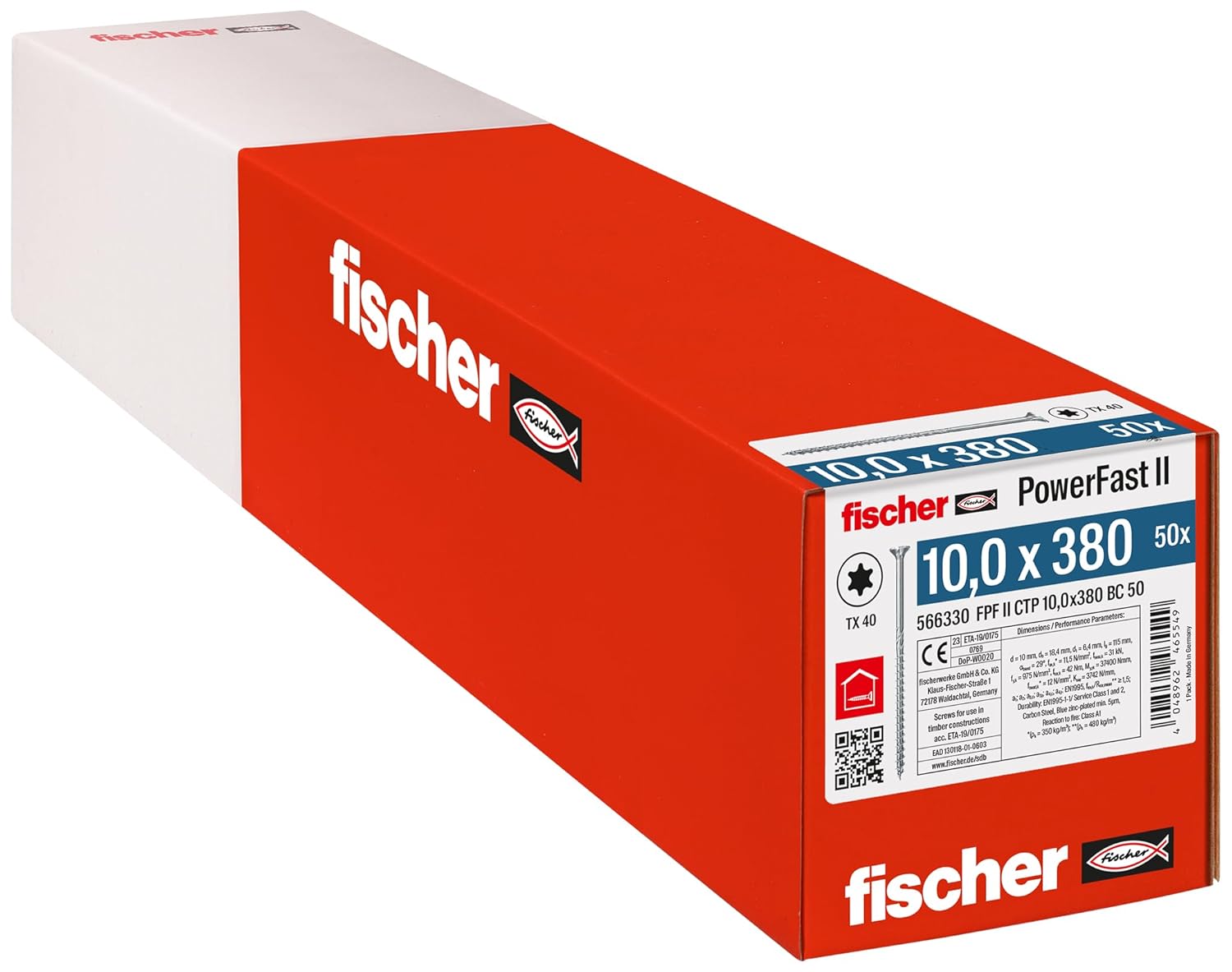 fischer PowerFast II CTP 10.0 x 380, powerful wood screws with countersunk head, inner star receptacle and partial thread, for constructive timber construction, pack of 50