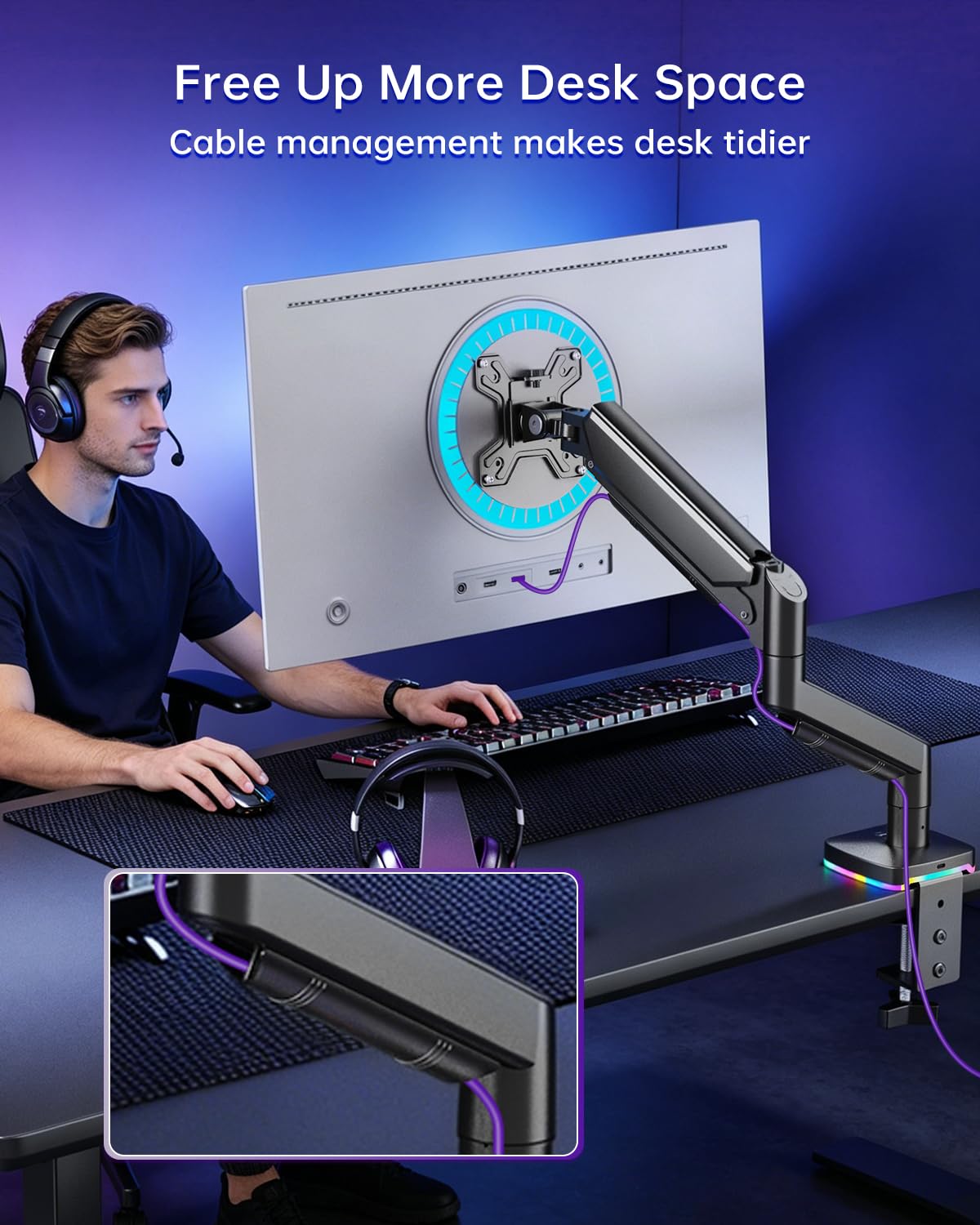 Afaloona Supporto per monitor singolo RGB, braccio per monitor a molla a gas con 3 porte USB, funzione di ricarica e trasferimento dati USB, supporto da scrivania per monitor da 13"-32" fino a 9 kg
