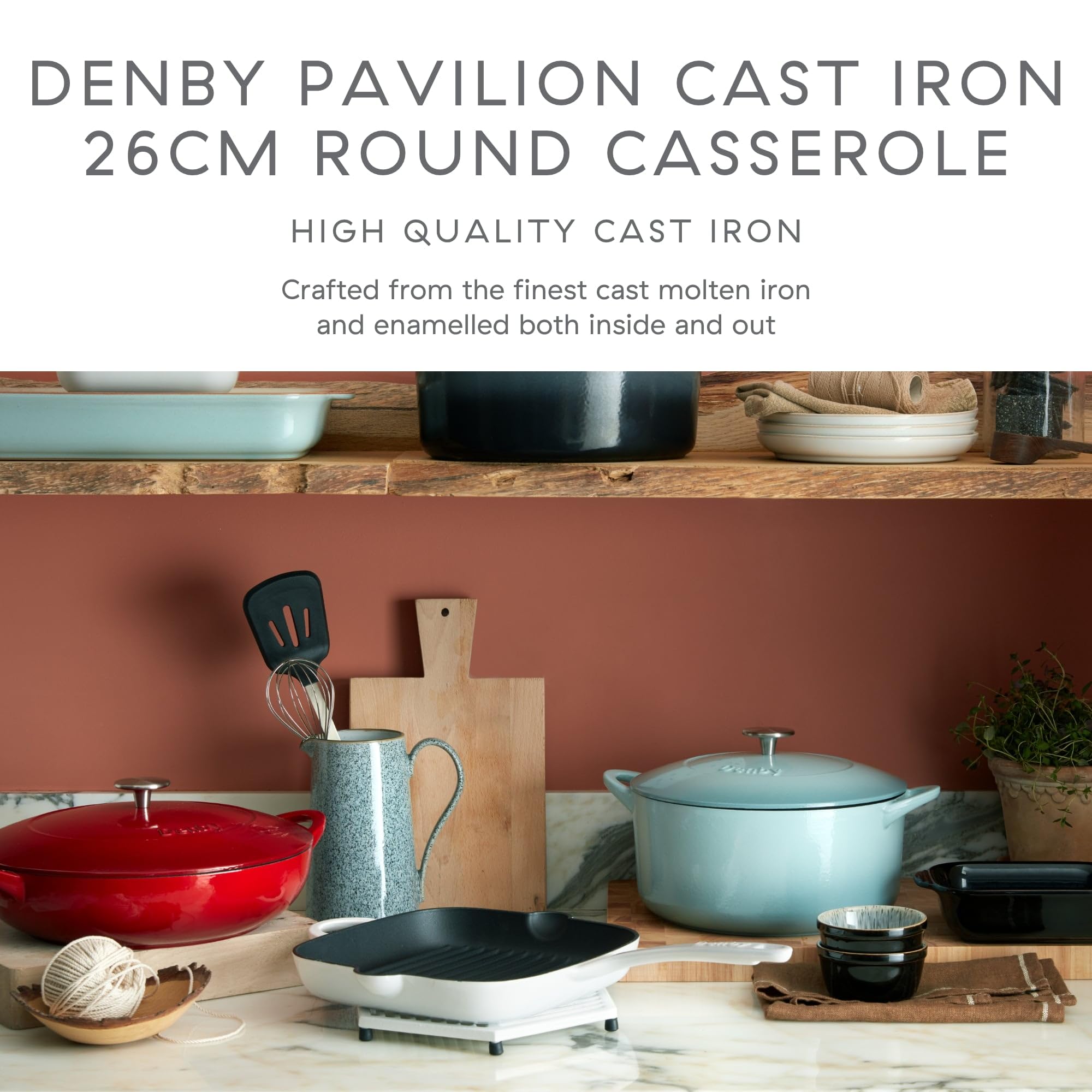 Denby Pavilion Blue Cast Iron Casserole Dish Dutch Oven, Oven Safe Pot,  Enamelled 26cm, Capacity Round