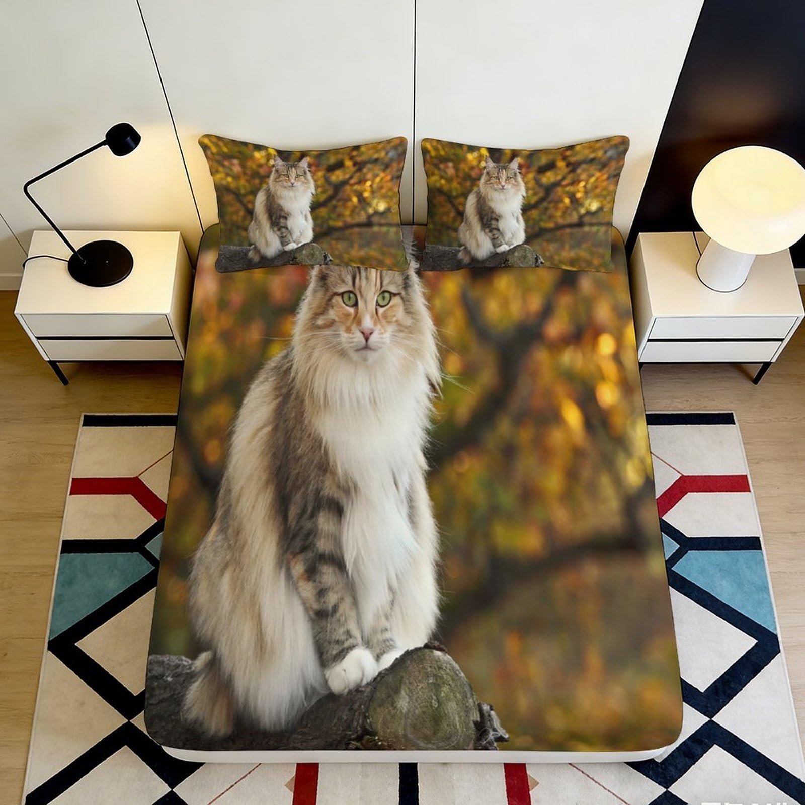 Zfldkwgb Style-5 3D Printed Autumn Forest Cat Fitted Sheet Microfiber Soft Bed Cover For Bedroom Guestroom Anti-Slip Washable 90X200x25cm