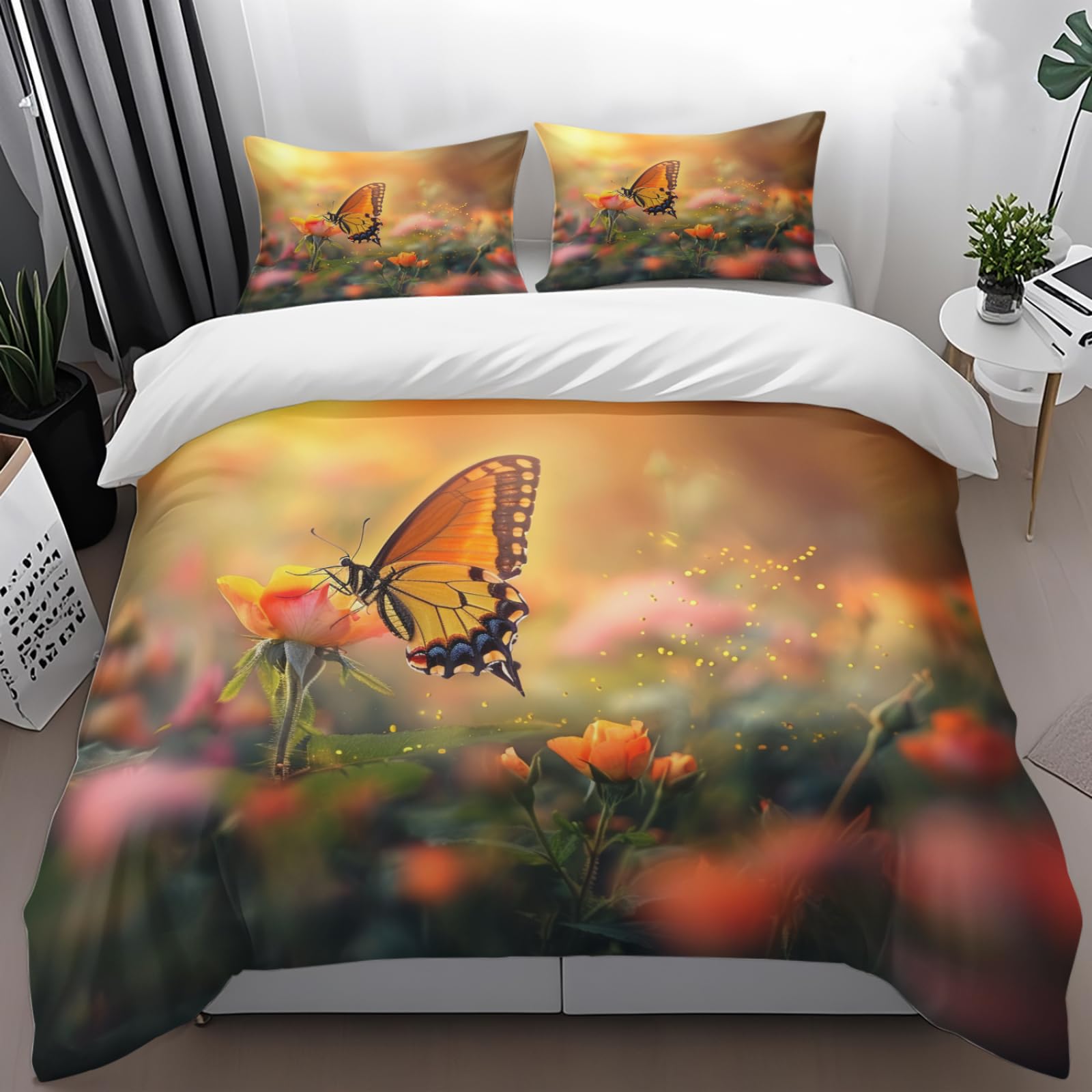 Housse de Couette 220x240 Rose Orange avec 2 Taies d'Oreiller en Microfibre Douce
