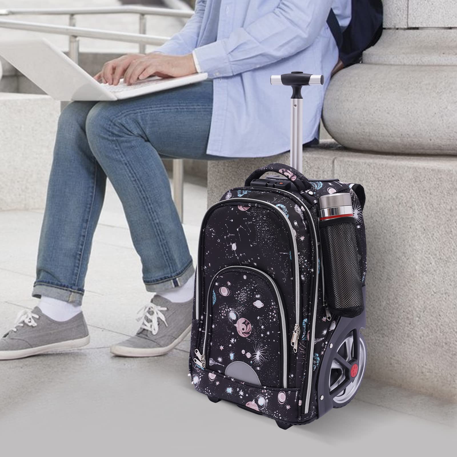 Trolley Zaino, zaino con ruote, zaino per computer portatile con ruota da 7 pollici, zaino da uomo, business con lucchetto a combinazione, per viaggi brevi, viaggi d'affari, viaggi scolastici,