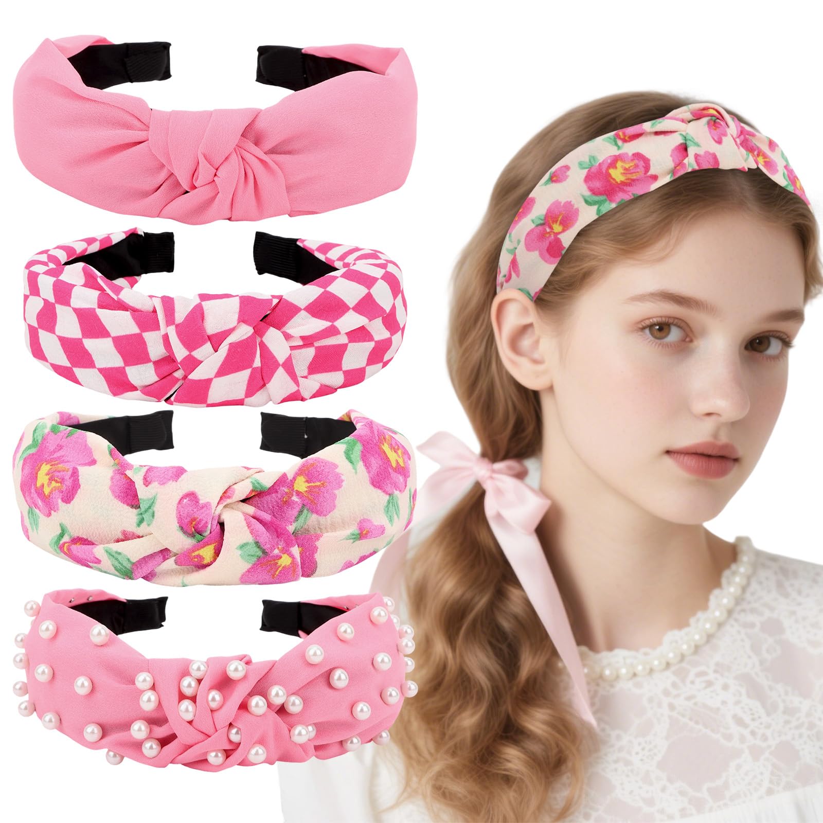 Esitrormi 4 Stück Rosa Knoten Haarband Damen Breit, Weiches