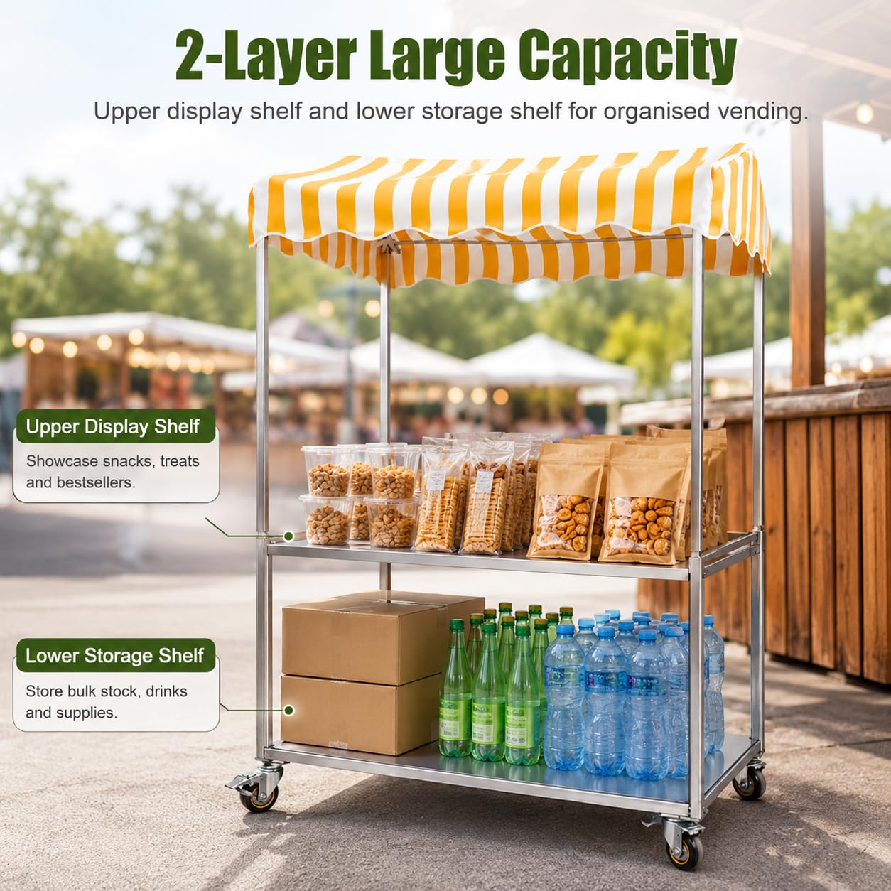 Carrello porta alimenti pieghevole zincato con ruote e tenda, giallo, 120