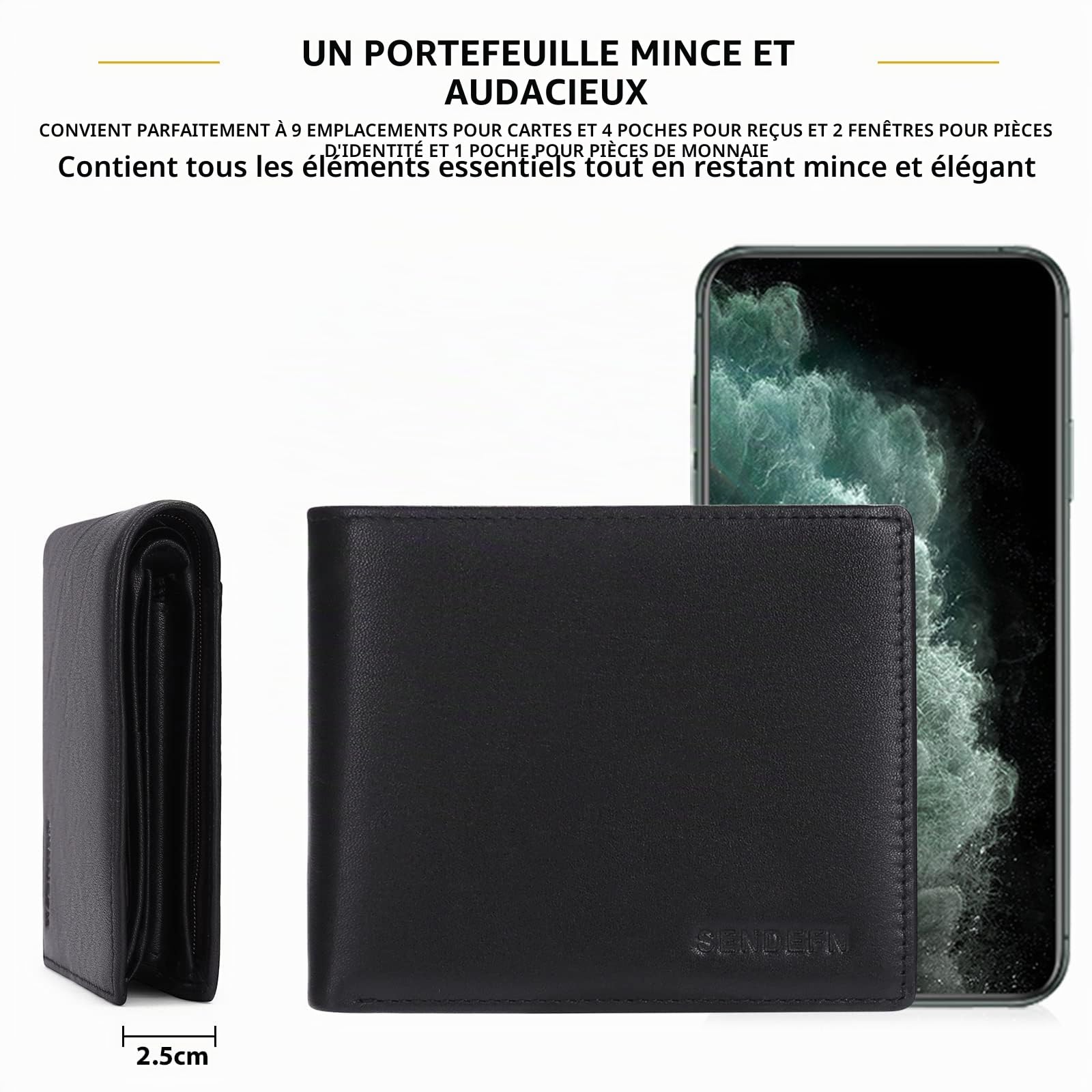 SENDEFN Portefeuille Homme en Cuir véritable Porte-Monnaie Porte-Cartes avec Blocage RFID, Rangement Pièces