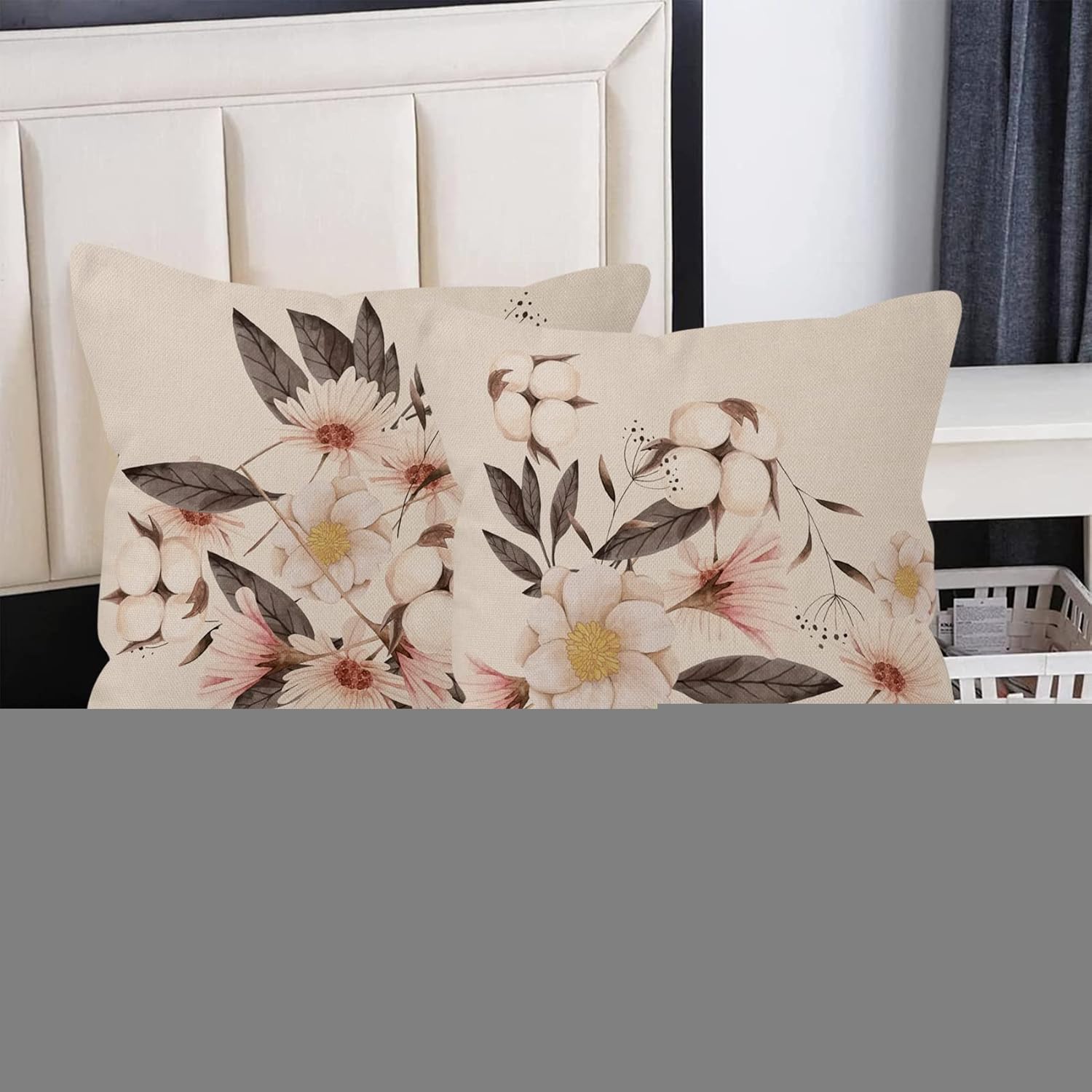 Yeele 20x20inches Floral Decorative Throw Pillow Covers Spring Pink Flowers Abstract Plant Print Pillow Case Set of 4 Cotton Linen Cushion Covers for Sofa Couch Bed Outdoor Indoor Home Decor