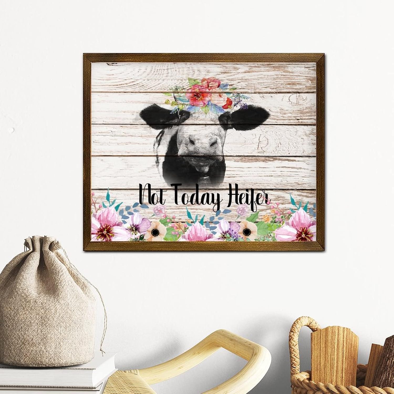 Not Today Heifer Framed Wooden Signs Spring Fresh Sunflower Rose Flower Door Sign Retro French Floral Wall Art Hanging Decoration for Laundry Room Bathroom Bedroom Home 16x20 Inch