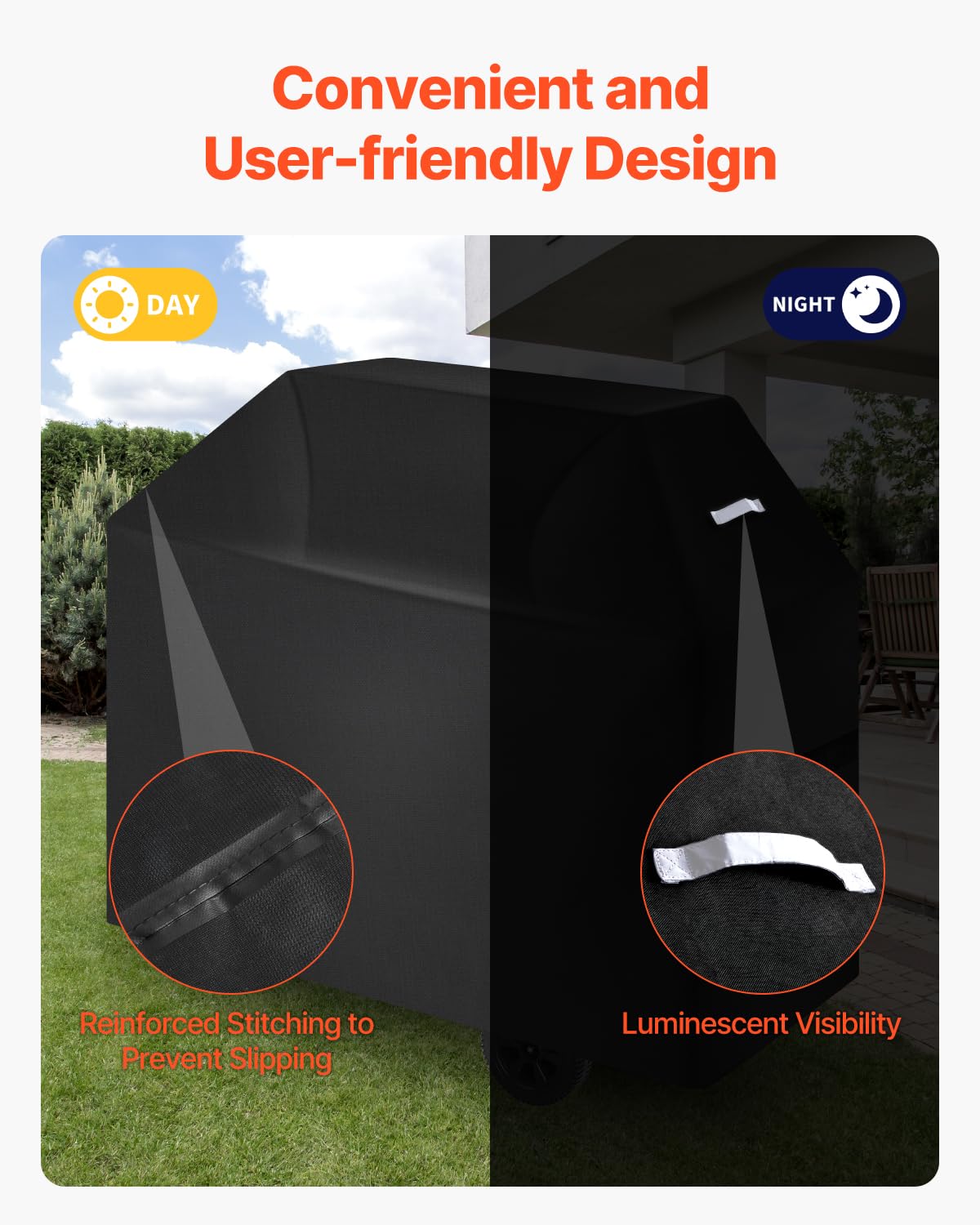 VEVOR Funda para Parrillas de Exterior, Impermeable y Resistente a la Intemperie, Poliéster 600D Duradero, 280 g/m², Fácil de Poner y Quitar, con Protección Solar, 1470 x 615 x 1215 mm, Negro
