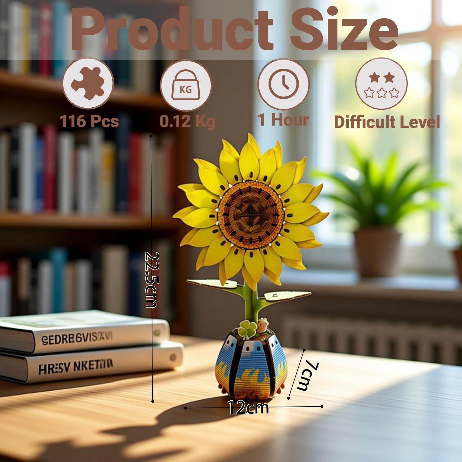 3D Wooden Flower Puzzle, DIY Craft Building Blocks for Adults Valentine's (Sun Flower), Small (12cm x 10cm) - Image 2