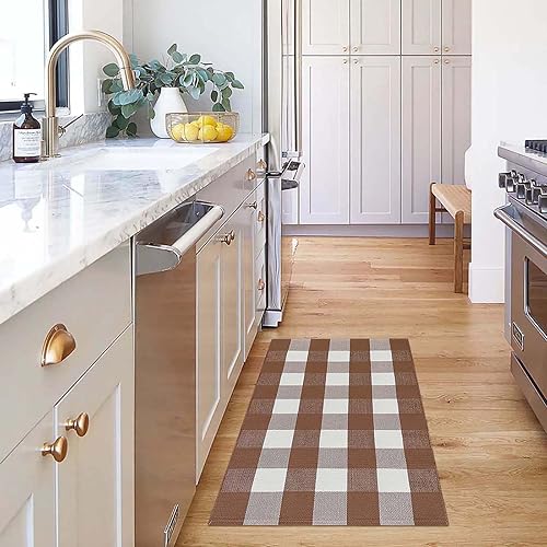 Miniatura 2 de KOZYFLY Buffalo - Alfombra a cuadros de 27.5 x 43 pulgadas, alfombra de cuadros color café y blanco, lavable para puerta delantera, alfombra de
