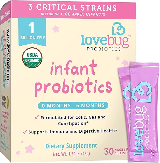 LoveBug Probiotics Infant Probiotics for 0-6 Months, 30 Packets 1 Billion CFU Allergen-Free, Non-GMO, Vegan