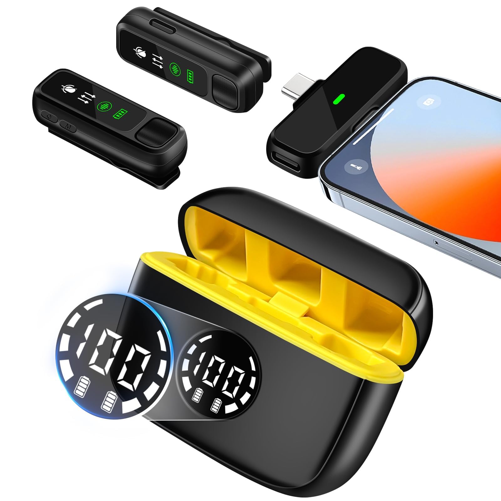 2 Pack Wireless Lavalier Microphone for iPhone iPad USB C Android with Charging Case, Clip-On Lapel Mic Noise Reduction Plug-Play Cordless Mini Mic for Video Recording, Vlogging, YouTube, Interviews