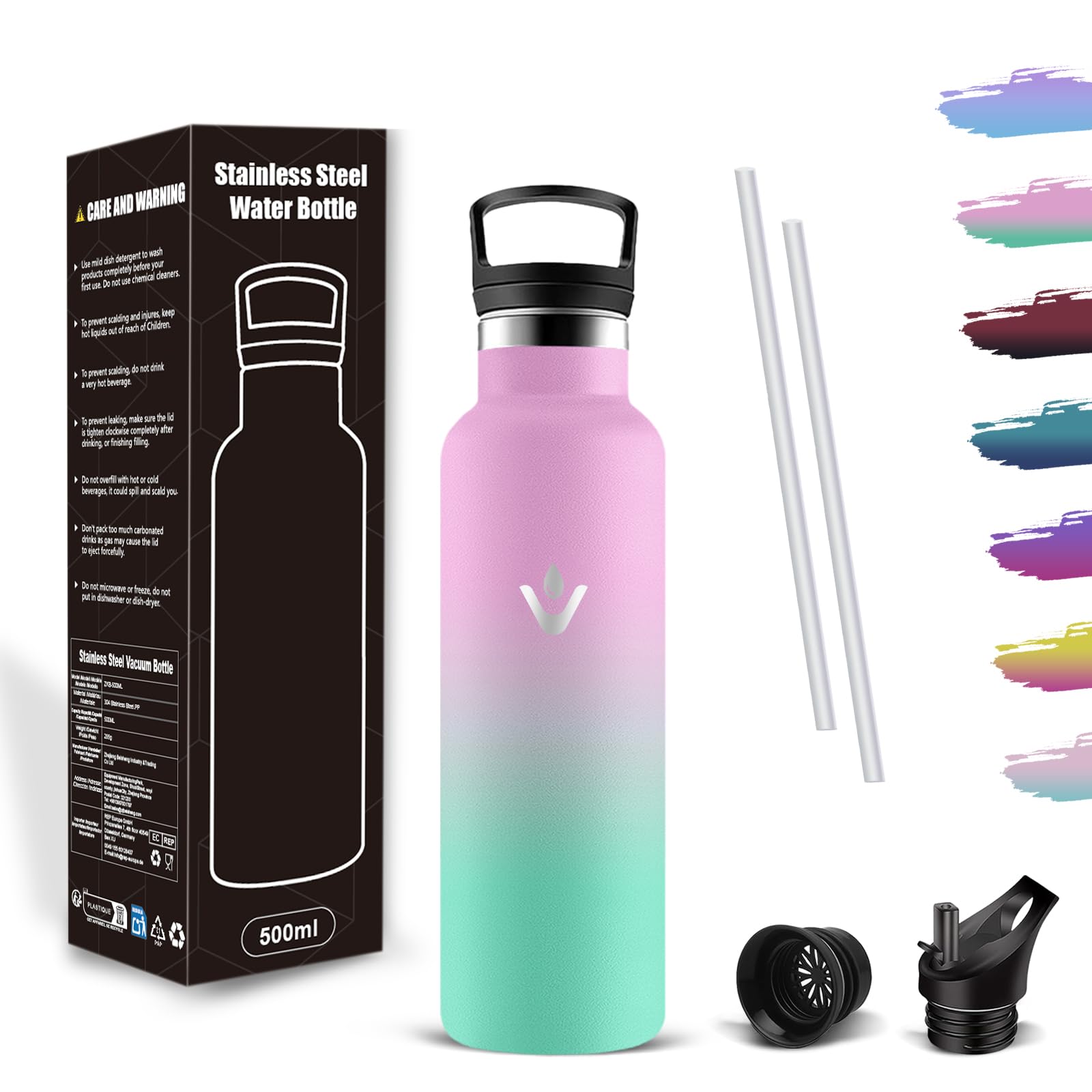 Mujigaga 500ml Insulated Water Bottle, Stainless Steel Water Bottle with Straw, Vacuum Insulation, Leak-Proof Design and BPA Free Thermal Bottle for Children, Cycling, Camping, Yoga, School
