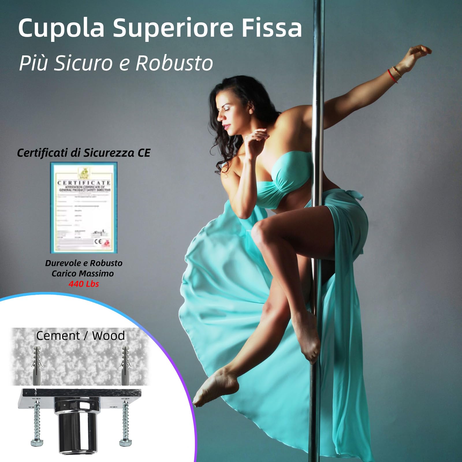 PRIOR FITNESS Set Palo da Ballo Fisso – 45 mm, Palo Fitness Rotante/Statico, Piastra Fissa per Danza, con Accessori per Montaggio a Soffitto, Ideale per Club, Feste, Home, con Certificazione CE