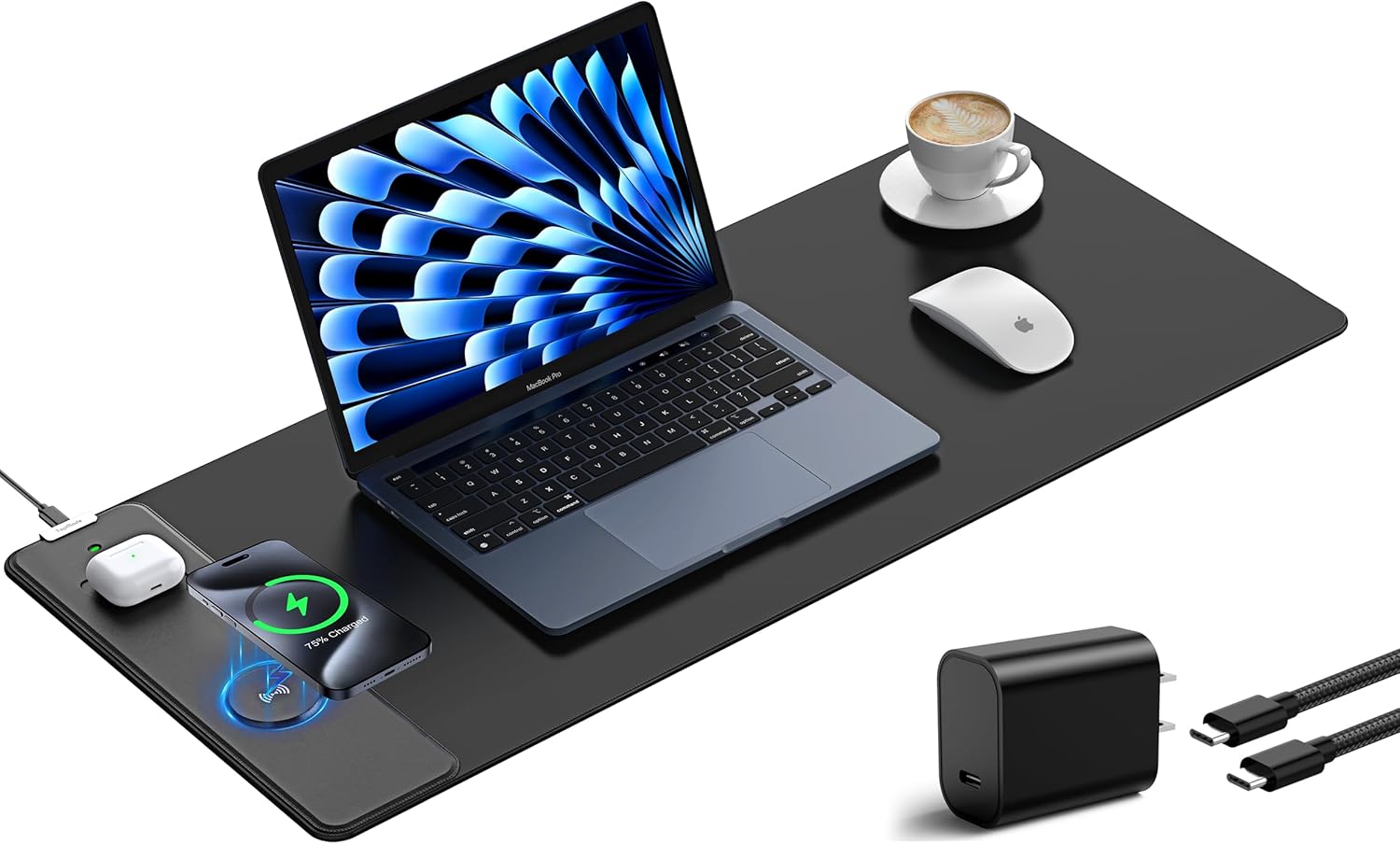 TopMade Mouse Pad with 15W Fast Wireless Charging, 31.5"x11.81" XL Large Gaming Mousepad, Waterproof Desk Pad, Classic Black Computer Desk Mat(Includes 20W PD Power Adapter & 6.56ft Woven Cable)