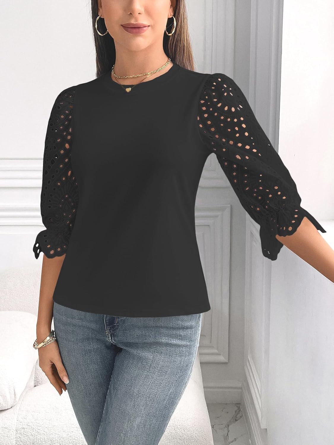 Women Crew Neck Lace Eyelet Ruffle Short Sleeve/Long Puff Sleeve Cotton Tops Loose Fit Stretch T Shirt - Image 4