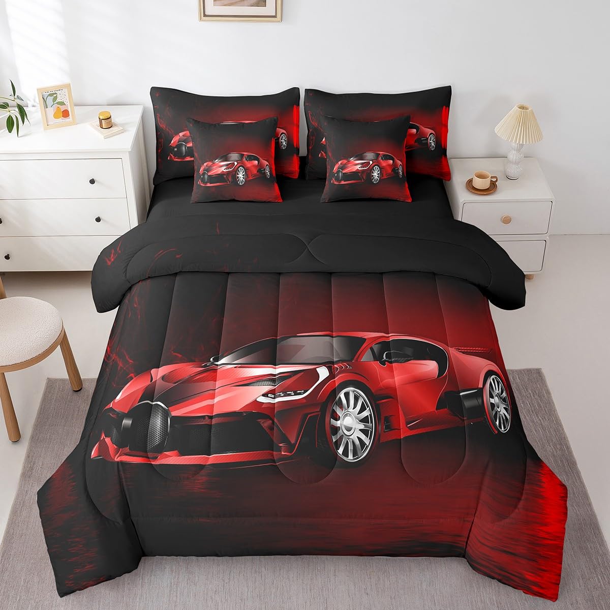 Feelyou Sports Car 7 Piece Bedding Set Red Race Car Comforter Set with Sheets for Kids Boys Girls Extreme Sports Theme Bed in a Bag Cool Speed Luxury Car Decor Bed Set with 1 Pillowcase Twin