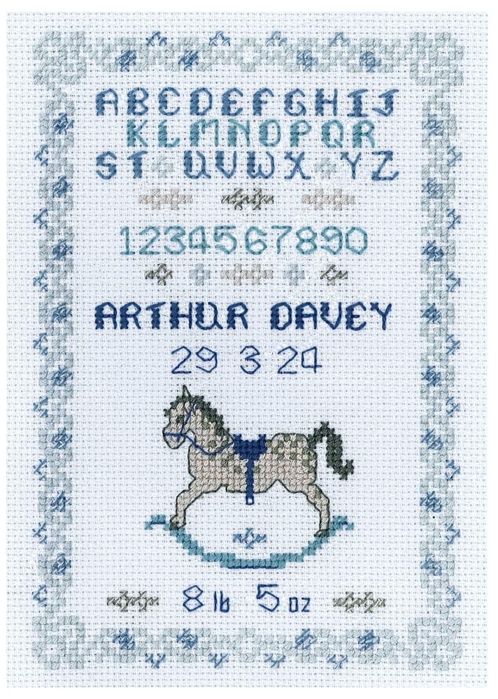 Birth Sampler in blues for baby boy - Cross Stitch Kit on pale blue 16 aida