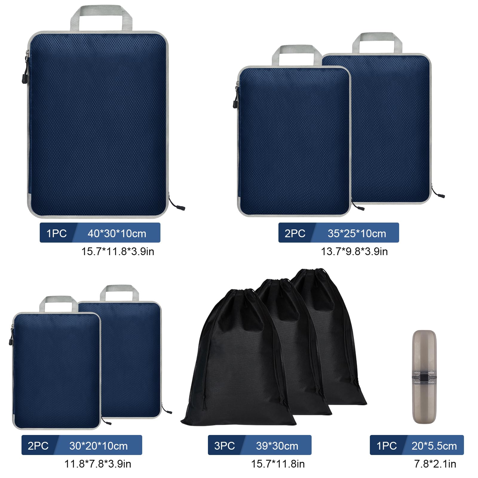 Eucomir Set di 9 Organizer Valigia Cubi da Viaggio, Sacchetti di Organizzatore Estensibile Salvaspazio o Deposito per la Casa,Blu Navy