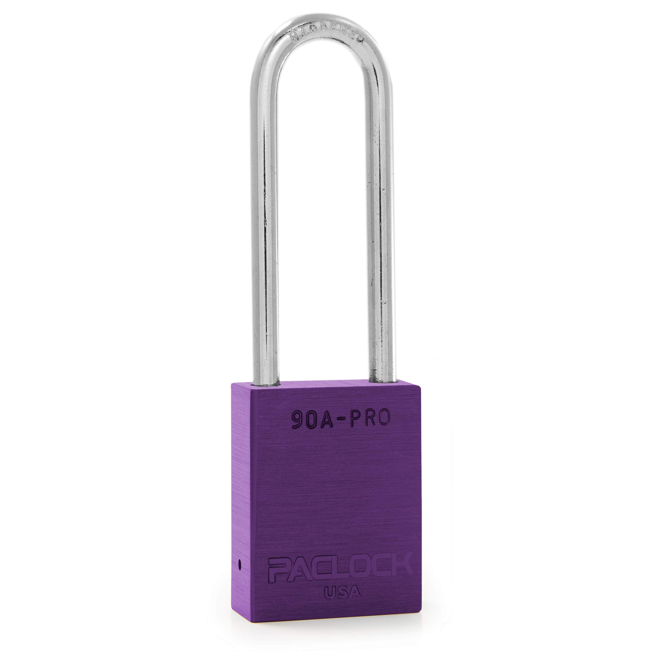 PACLOCK's 90A-PRO Padlock, 1/4" Diameter Hard. Steel Shackle, 3" Tall, High Performance 7-Pin Cylinder w/ 1 Key, Keyed Differently, Purple
