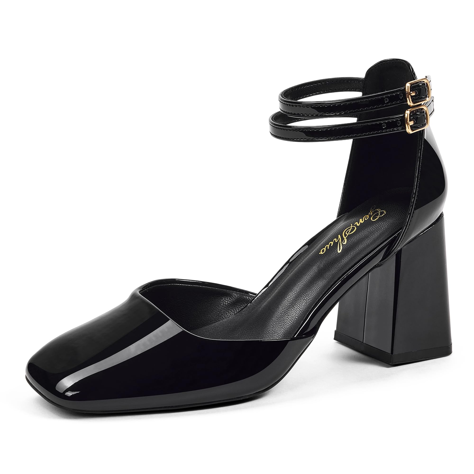 GENSHUO Zapatos de Tacón Grueso para Mujer, Doble Correa al Tobillo, Punta Cuadrada, Tacones Elegantes y Cómodos para Vestimenta Formal