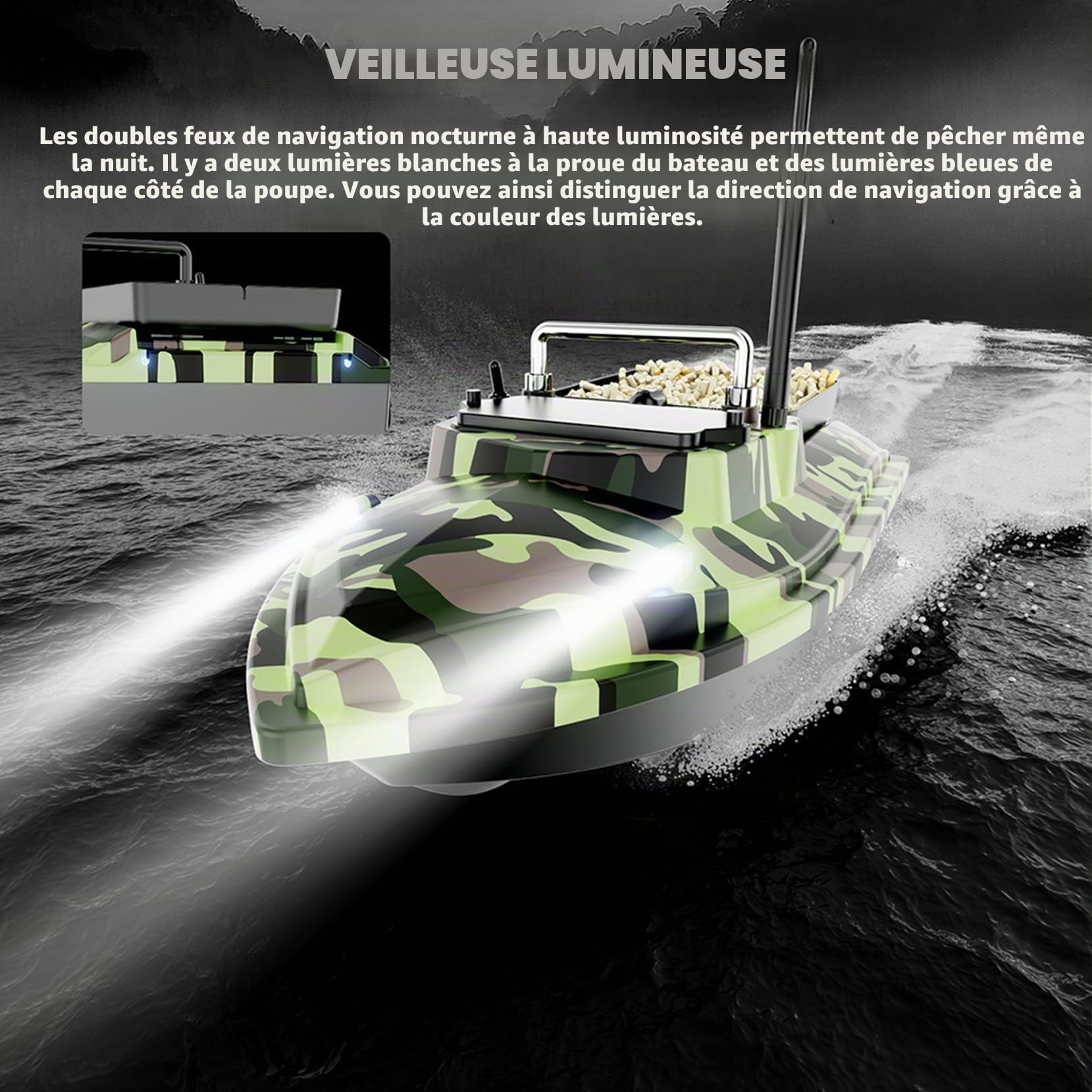 Bateau-appât Télécommandé RC - 500 m Charge de 2 kg Appât de pêche pour Pêche de Carpe en Lac - Vert