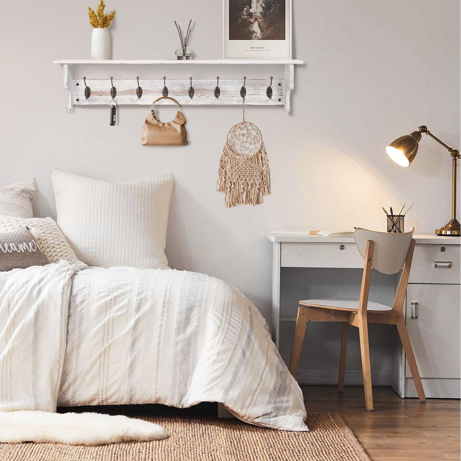 Bekrvio Perchero de pared con estante, estantería de entrada de madera rústica con 8 ganchos para ropa, estilo rústico, colgador de pared flotante (90 cm de largo)