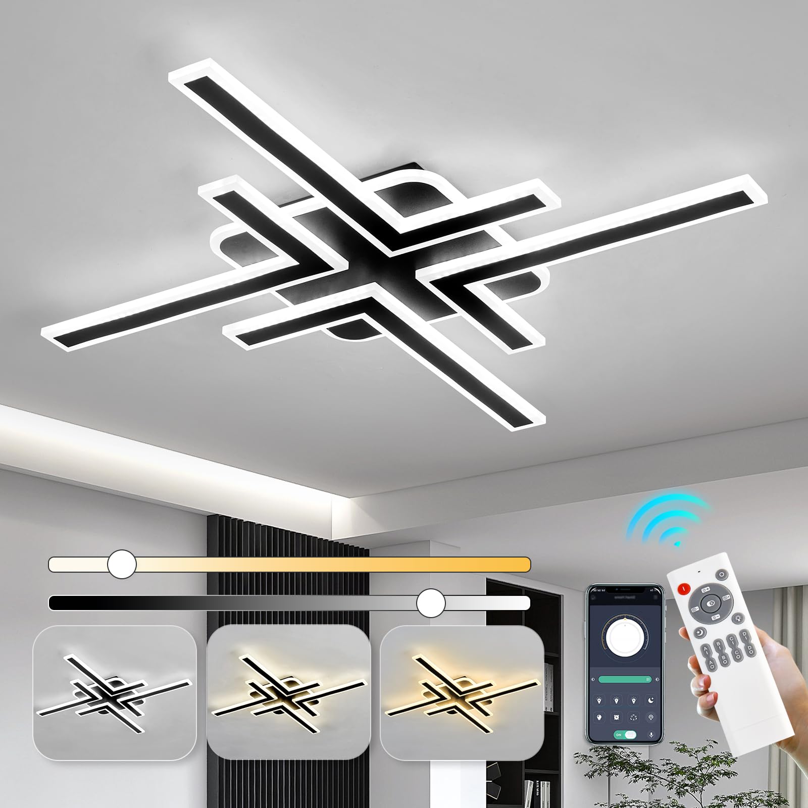 Modern Sputnik Recessed Ceiling Light 34.25 Inch LED Dimmable Ceiling Light with Remote Control 3 Color 64W Black Chandelier for Kitchen Dining Room Living Room Bedroom.-image-28