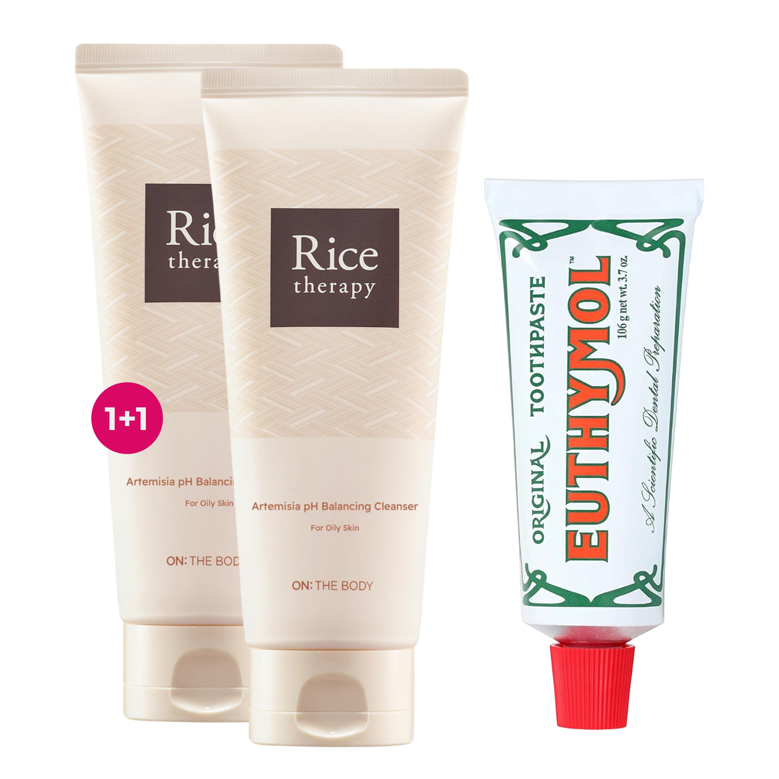 Rice Therapy Artemisia Cleanser (5.1+5.1fl oz, Pack of 2) + EUTHYMOL Original Toothpaste (3.7fl oz, Pack of 3) - Moisturizing Face Wash for Sensitive Skin & Fluoride-Free, Cavity Prevention