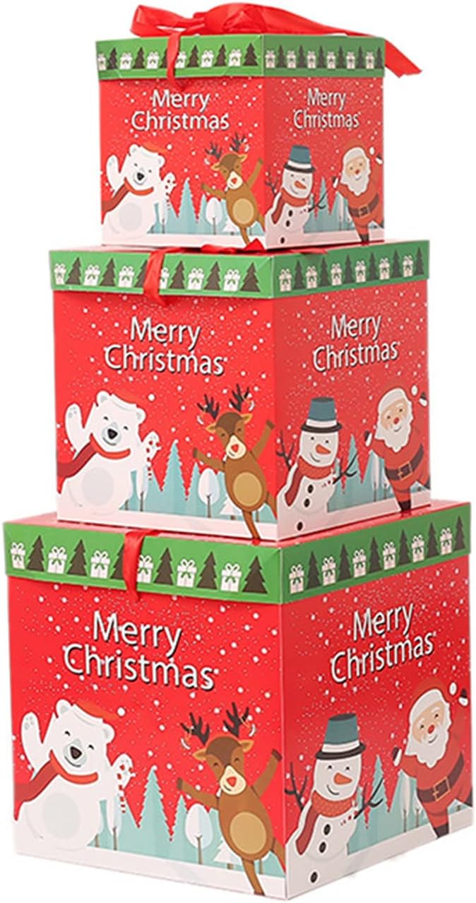 GGEROU Christmas Nesting Gift Boxes with Lids,3 Sizes Christmas Stackable Hard Paper Box,Nested Christmas Boxes Gift Wrap Boxes with Ribbon for New Year, Holiday, Birthday Gift Storage (B)