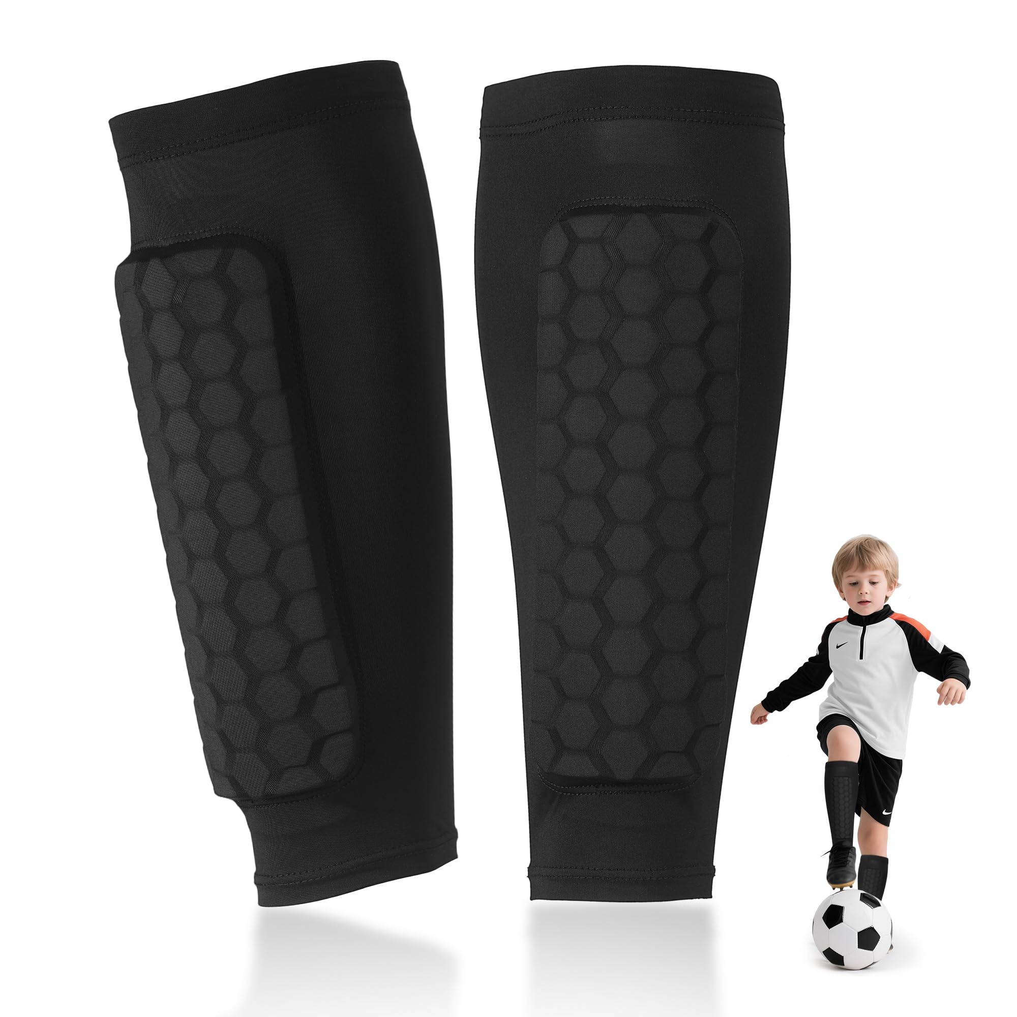Huiguli Shin Defender Kids, 1 Pair Breathable Lightweight Shin Pads Boys, Football Shin Guard Sleeves with Anti-Slip Strips, Shin Pad Sleeves Impact Protection for Teenagers and Adults (XS)