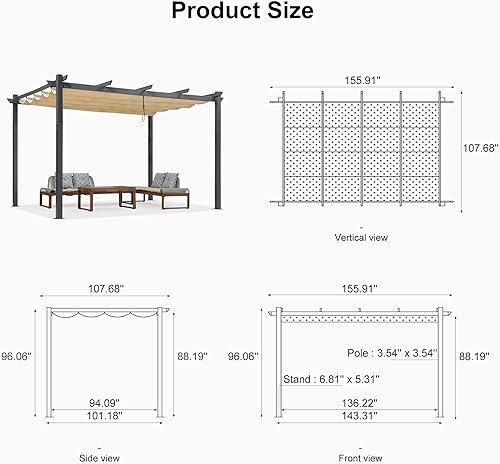 Miniatura 112 de PURPLE LEAF - Pérgola/kiosco retráctil de metal de 10 x 12 pies con toldo para exteriores, patio, jardín, porche, playa, pabellón estilo enrejado