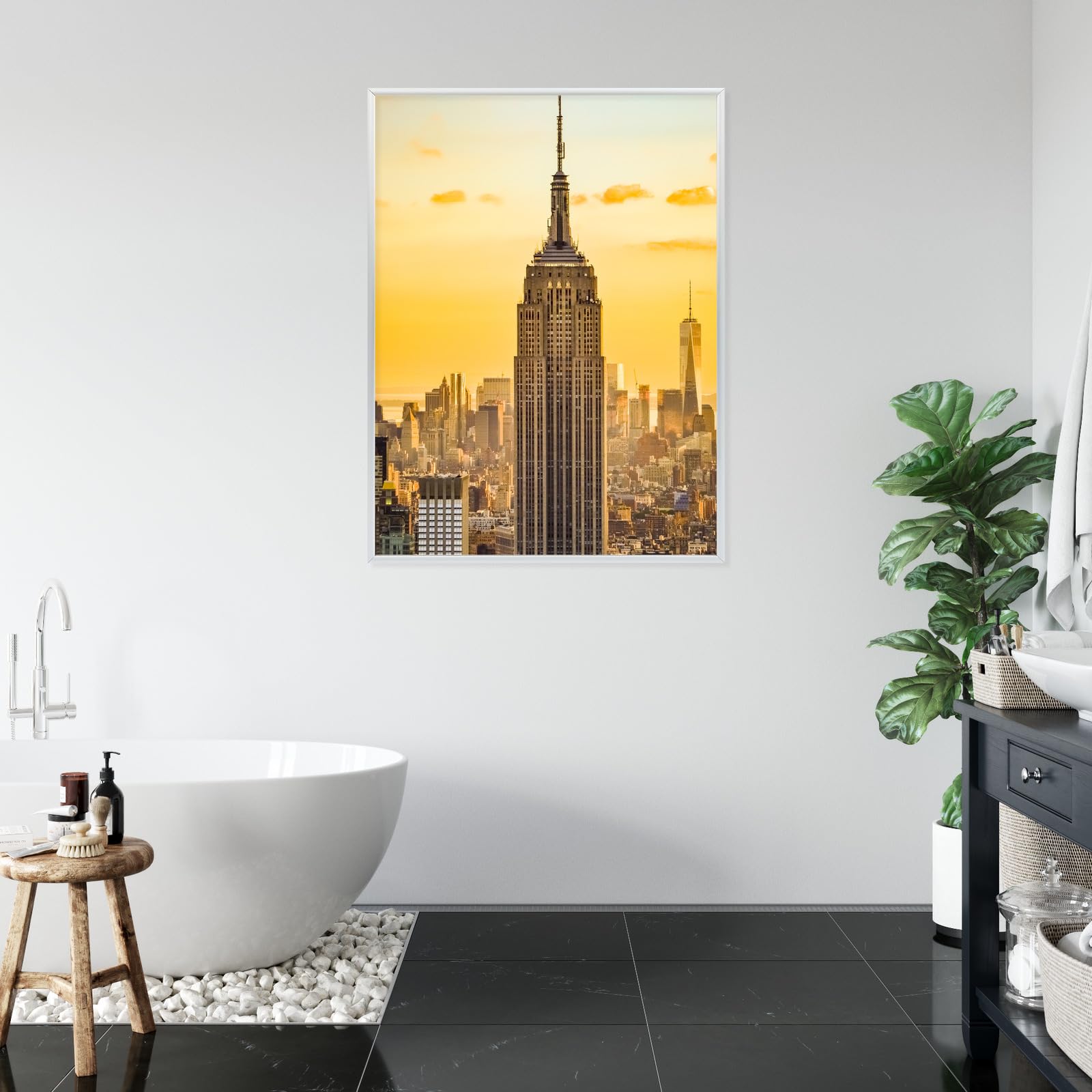 WALLERO Poster New York Top of the Rock al tramonto con Cornice in Alluminio Argentata – Decorazione Moderna da Parete e Stampa Artistica | Decorazione per Soggiorno, Camera da Letto 30x40