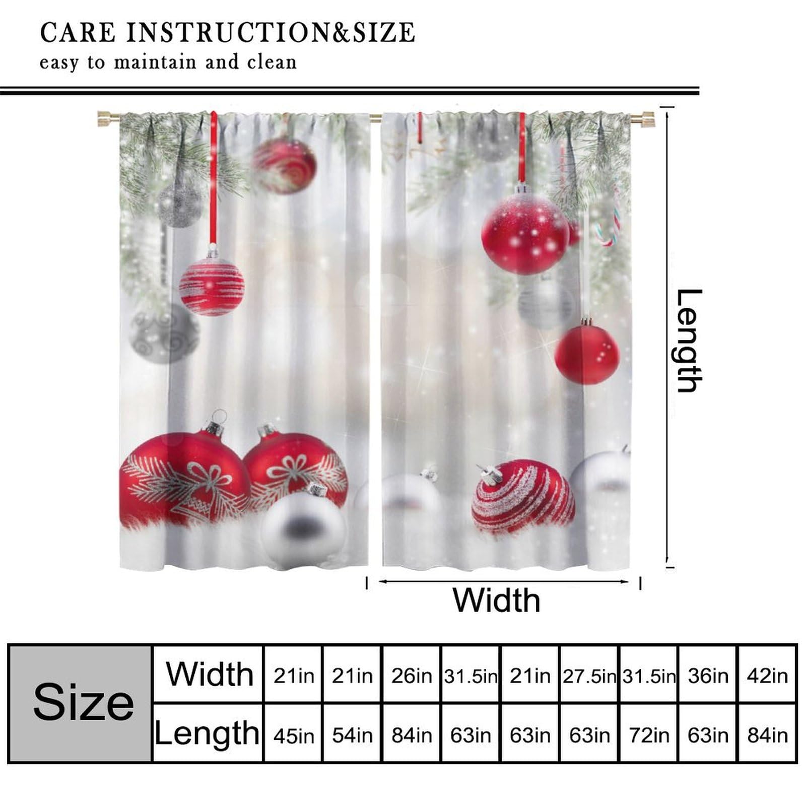 Christmas Ball Curtains, Vintage Rustic Dreamy Glitter Snowy Pine Tree Branch Xmas Baubles Pattern Window Treatments, Blackout Rod Pocket Drapes for Living Room Bedroom Bathroom Kitchen 63x63in