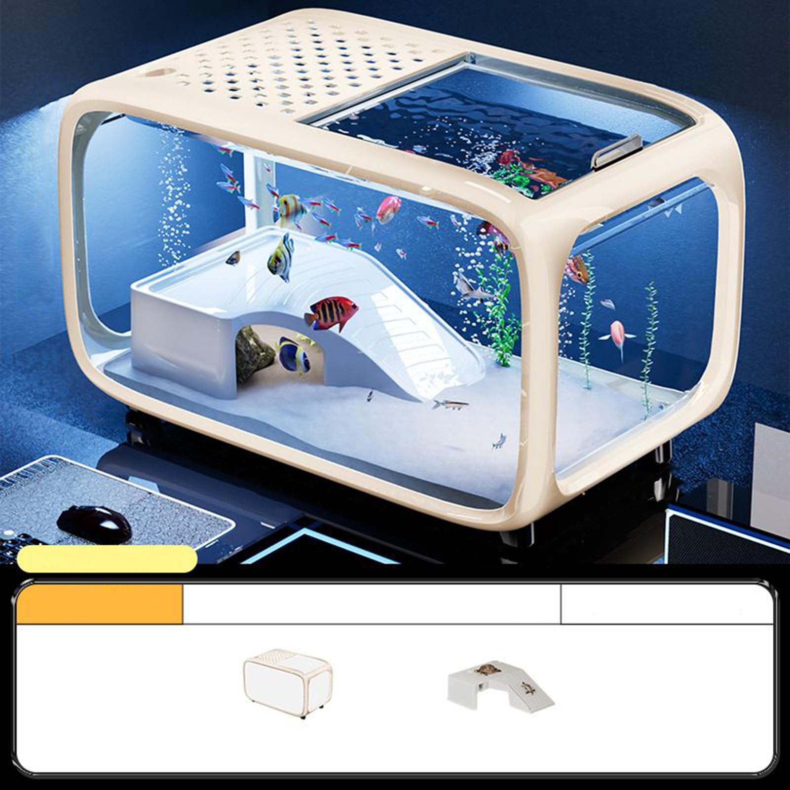 Acuario De Escritorio Pecera De Escritorio Para Tortugas Con Decoración De | Recipiente De Paisaje Acrílico Transparente Con Orificio Para Alimentación Para Animales Acuáticos Como Betta