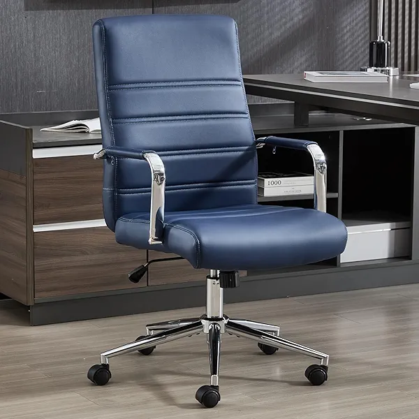 Office Desk Chair Leather, Conference Room Chairs with Wheels, Modern Executive Office Chairs Adjustable Height, Ergonomic Swivel Rolling Ribbed Computer Chair(Navy Blue)