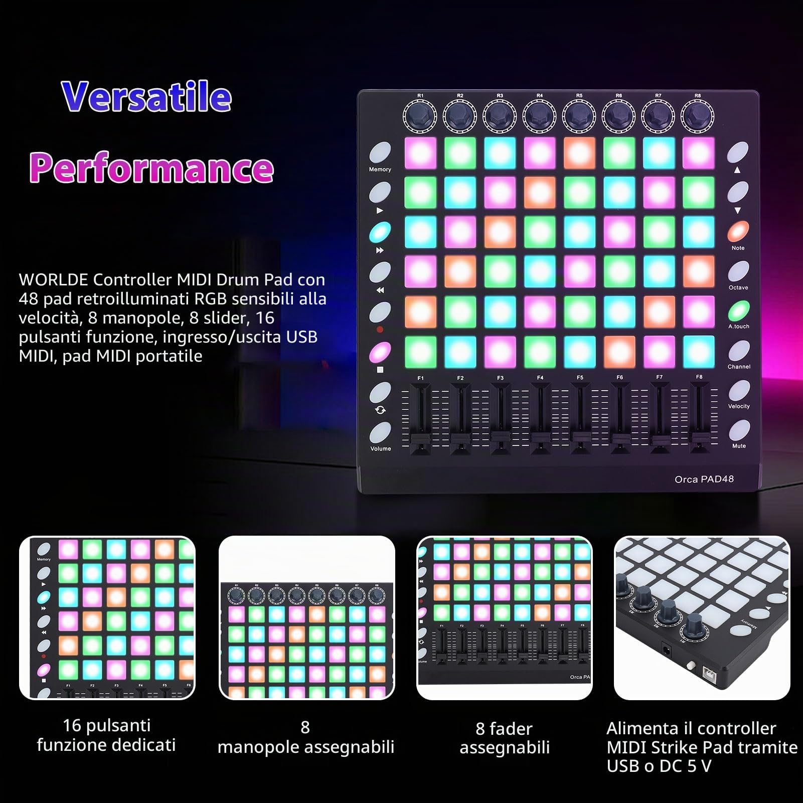 RiToEasysports Controller MIDI, 48 Pad Retroilluminati RGB con 8 Manopole 8 Fader per la Produzione Musicale, Pad Batteria USB Portatile per Performance DJ in Studio Dal Vivo