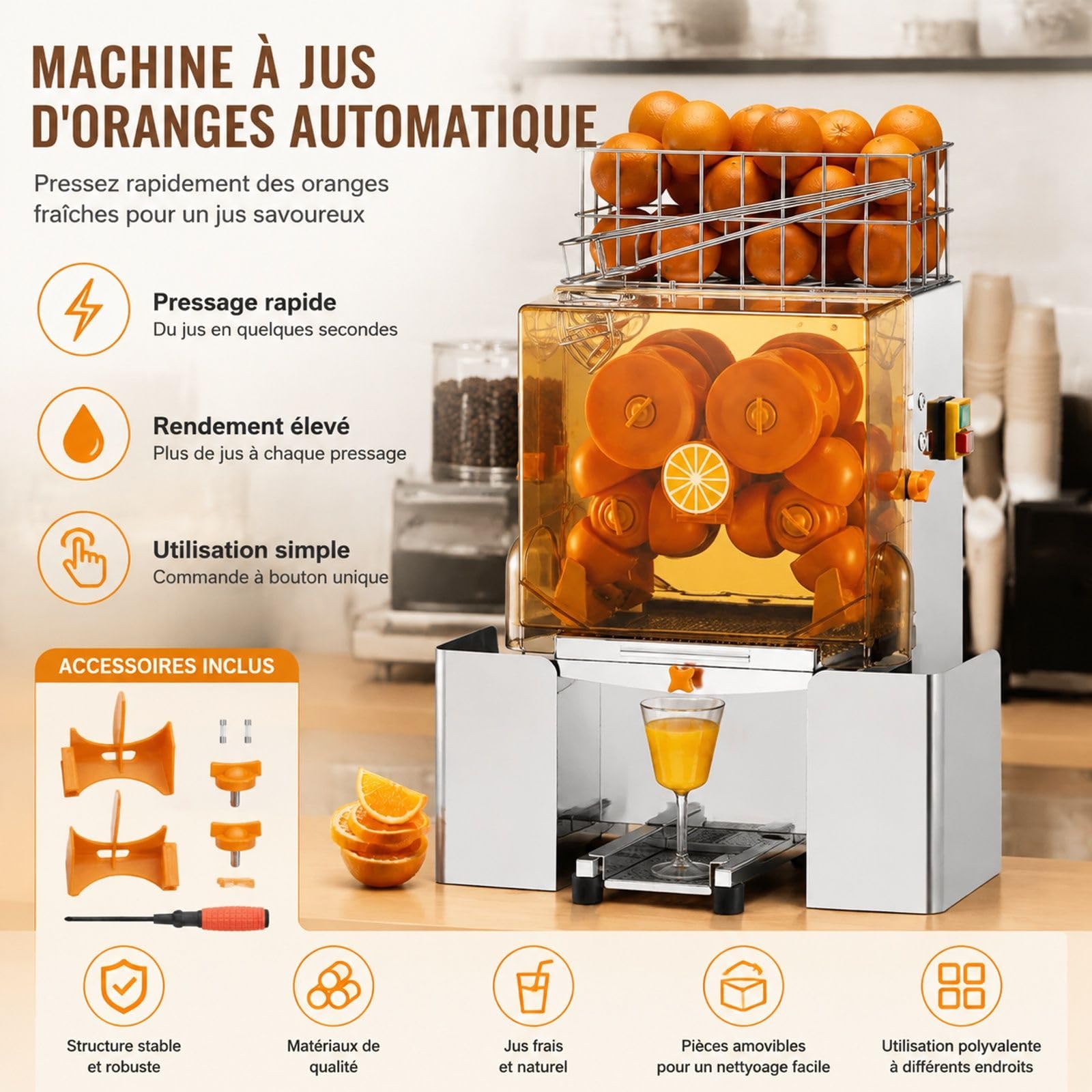 Presse-agrumes commerciale automatique 120 W en acier inoxydable, traite 20 oranges par minute, avec filtre extractible et couvercle PC