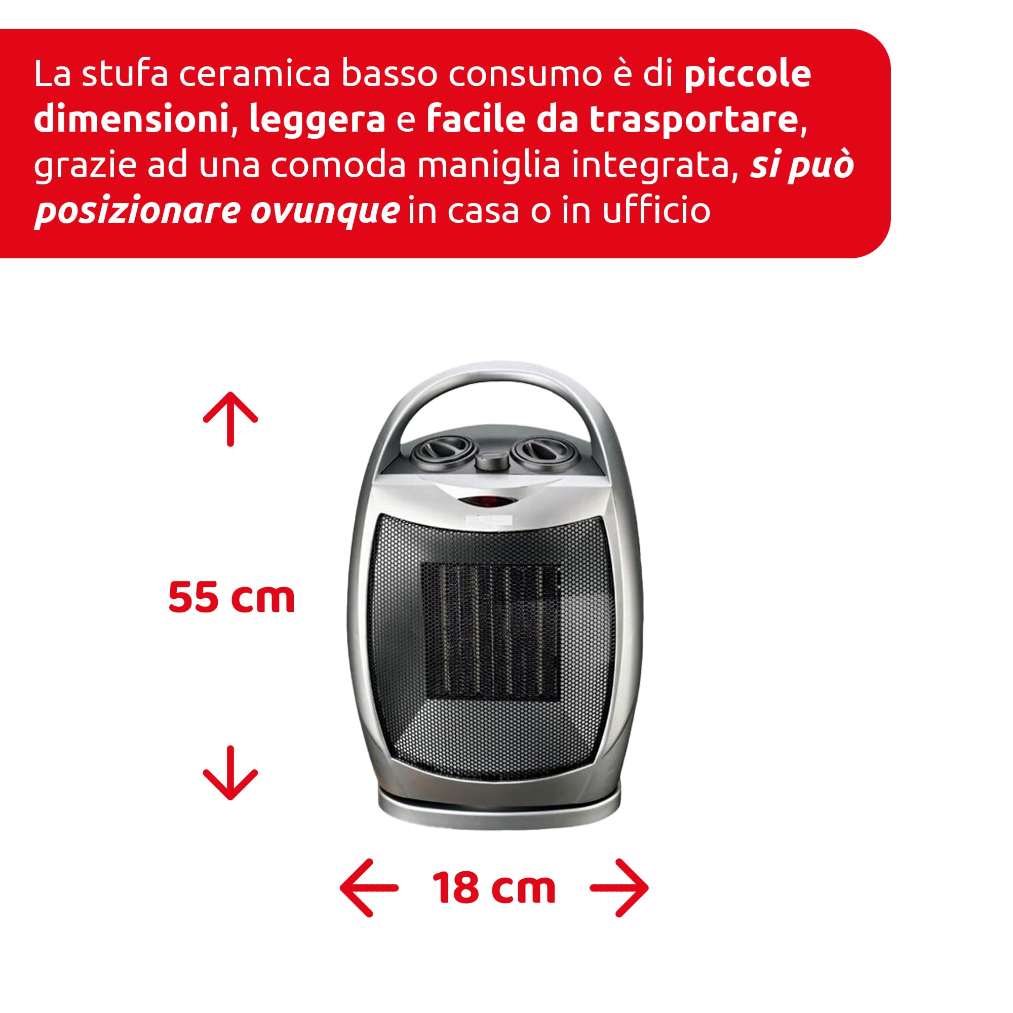 Melchioni Family CALIDO, Termoventilatore ceramico, Oscillazione automatica, 1500W, Protezione contro il surriscaldamento e ribaltamento, 3 modalità, 2 livelli di potenza, Basso consumo