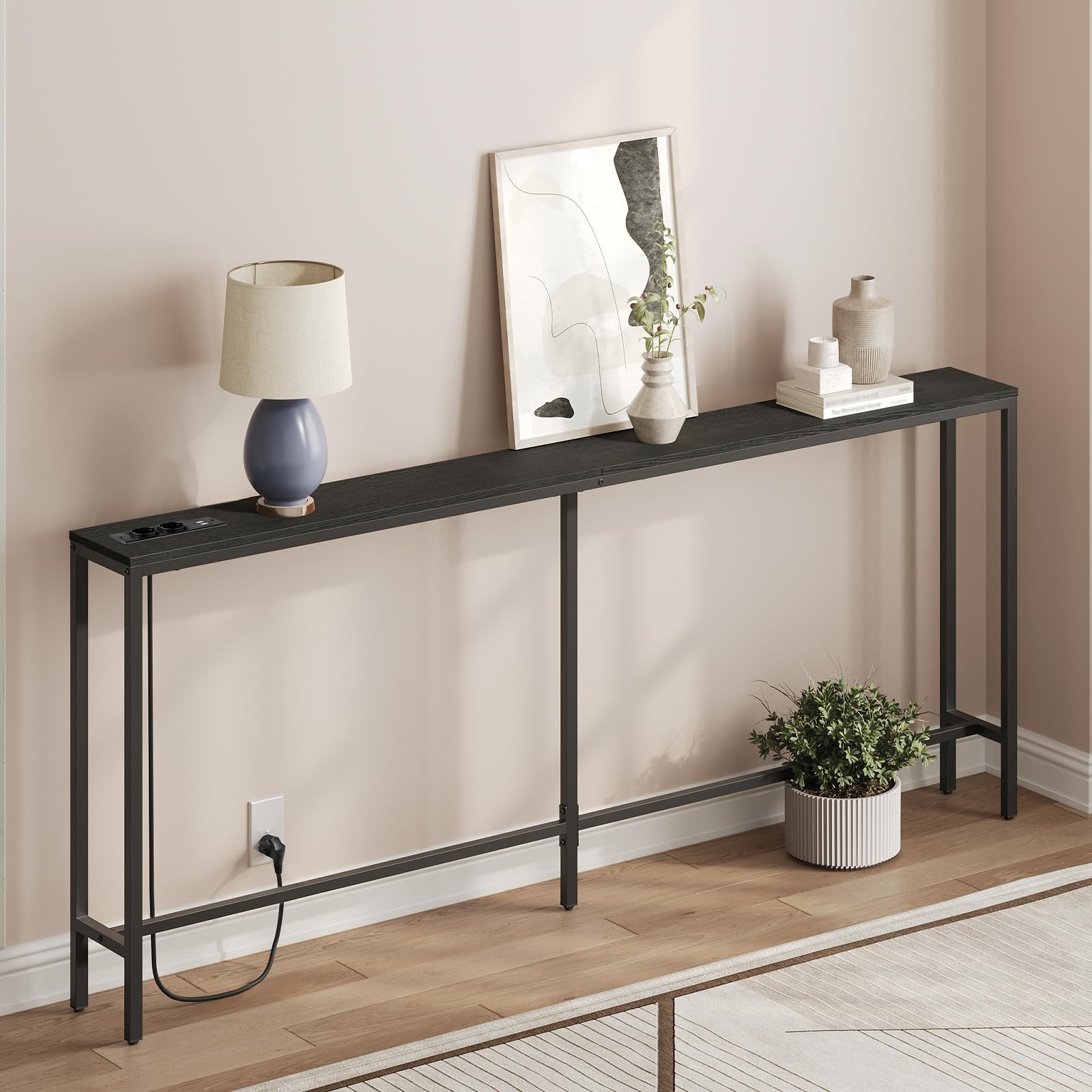 MAHANCRIS Konsolentisch mit Ladestation, 200 cm schmaler Sofatisch, industrieller Eingangstisch mit USB-Anschlüssen, Sofa-Beistelltisch für Eingang, Flur, Foyer, Wohnzimmer, Schwarz ACTBK20UE01