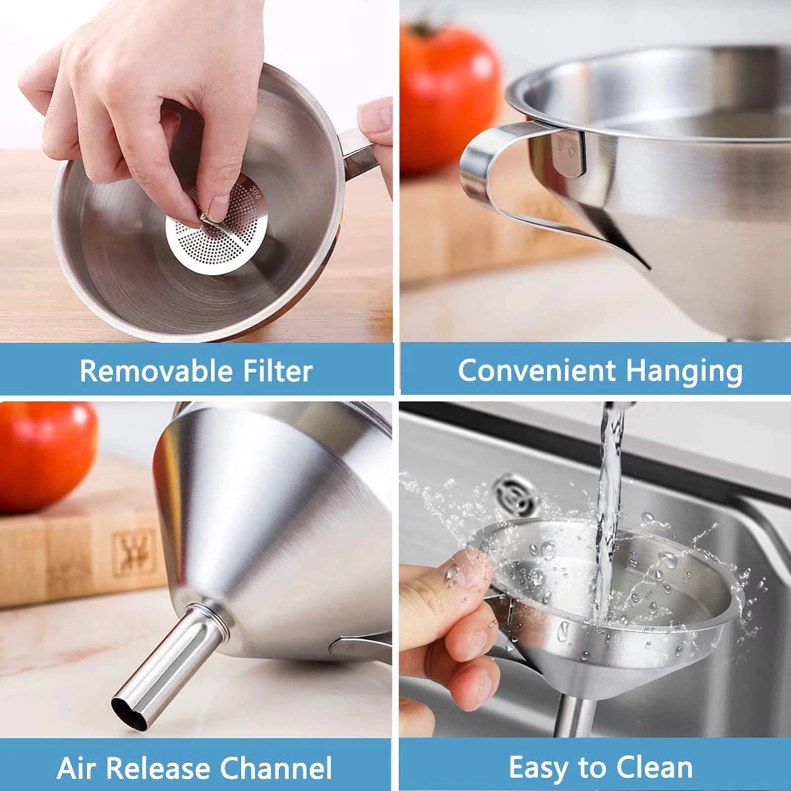 Embudo de cocina de acero inoxidable Embudo de hogar pequeño de 5 pulgadas Embudo de metal plateado Material seguro para alimentos con 2 filtros y 1 cepillo para transferir líquidos, polvos - Plata