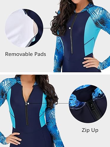 Miniatura 5 de ECUPPER Traje de baño de una pieza de manga larga para mujer, con cierre Boyleg, protector de erupción, cobertura de traje de baño de surf, traje de