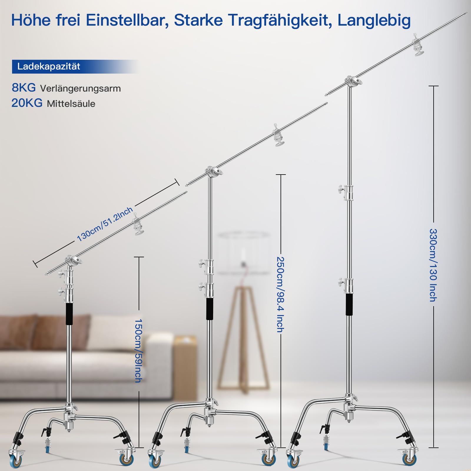Soonpho Cavalletto C Stand,3,3 m Regolabile Supporto Luce, Con Asta Di Prolunga Da 1,2 m 3 Ruote,2 Teste di Presa & Borsa per Fotografia in Studio Riflettore Ombrello Monoluce,Softbox