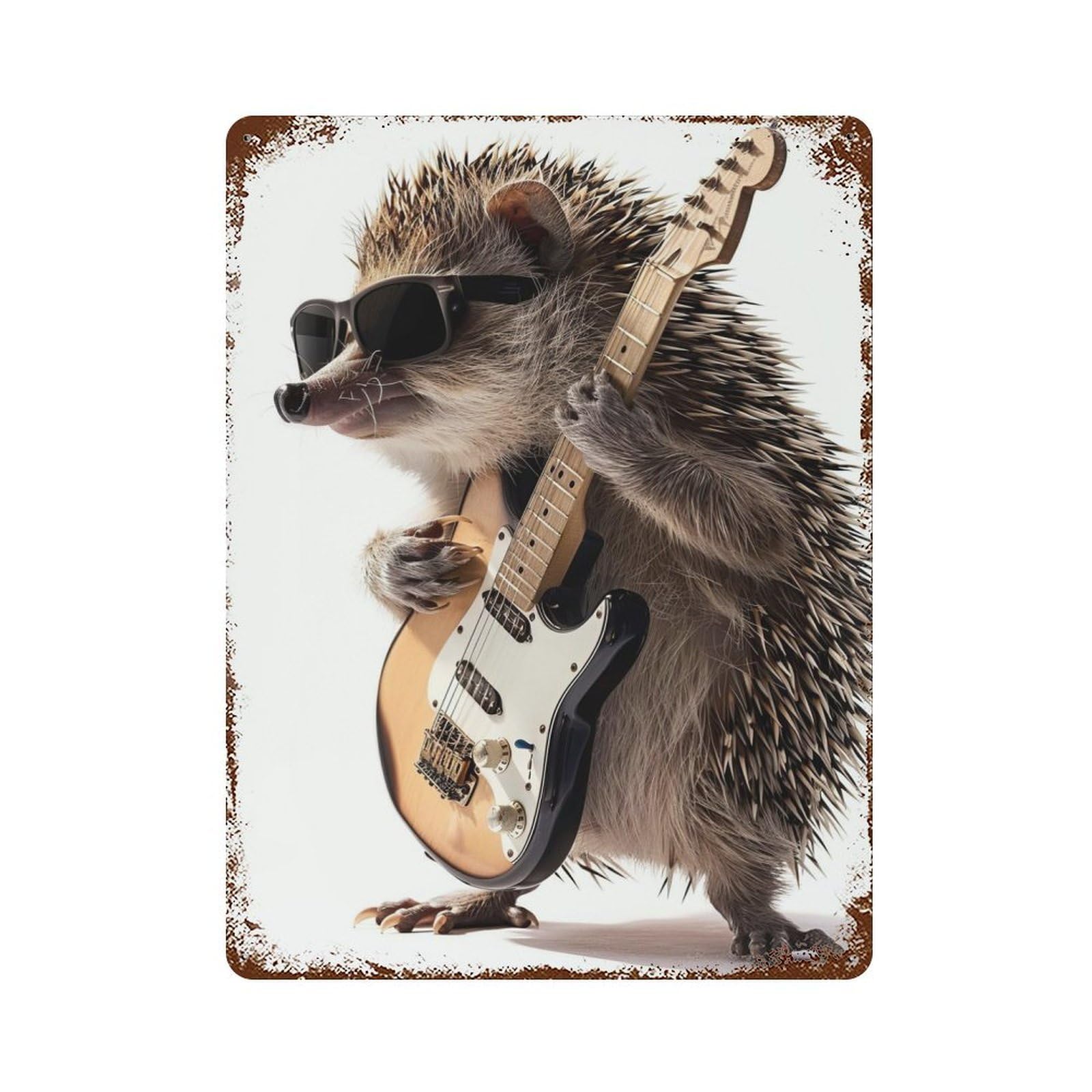 Distressed Metal Wall Sign Hedgehog Guitar 15.7"x11.8", Vintage Wall Decor for Garage, Bar And Workshop Decor