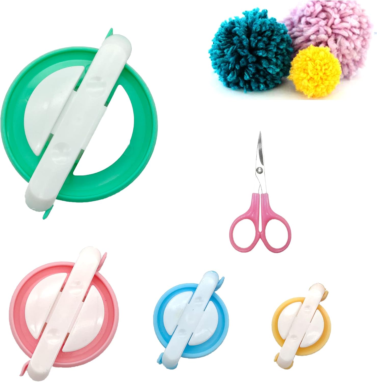 Pom Pom Makers – 4 Sizes Pompom Making Tool Set with Small Scissors, Easy Way to Make Pompoms
