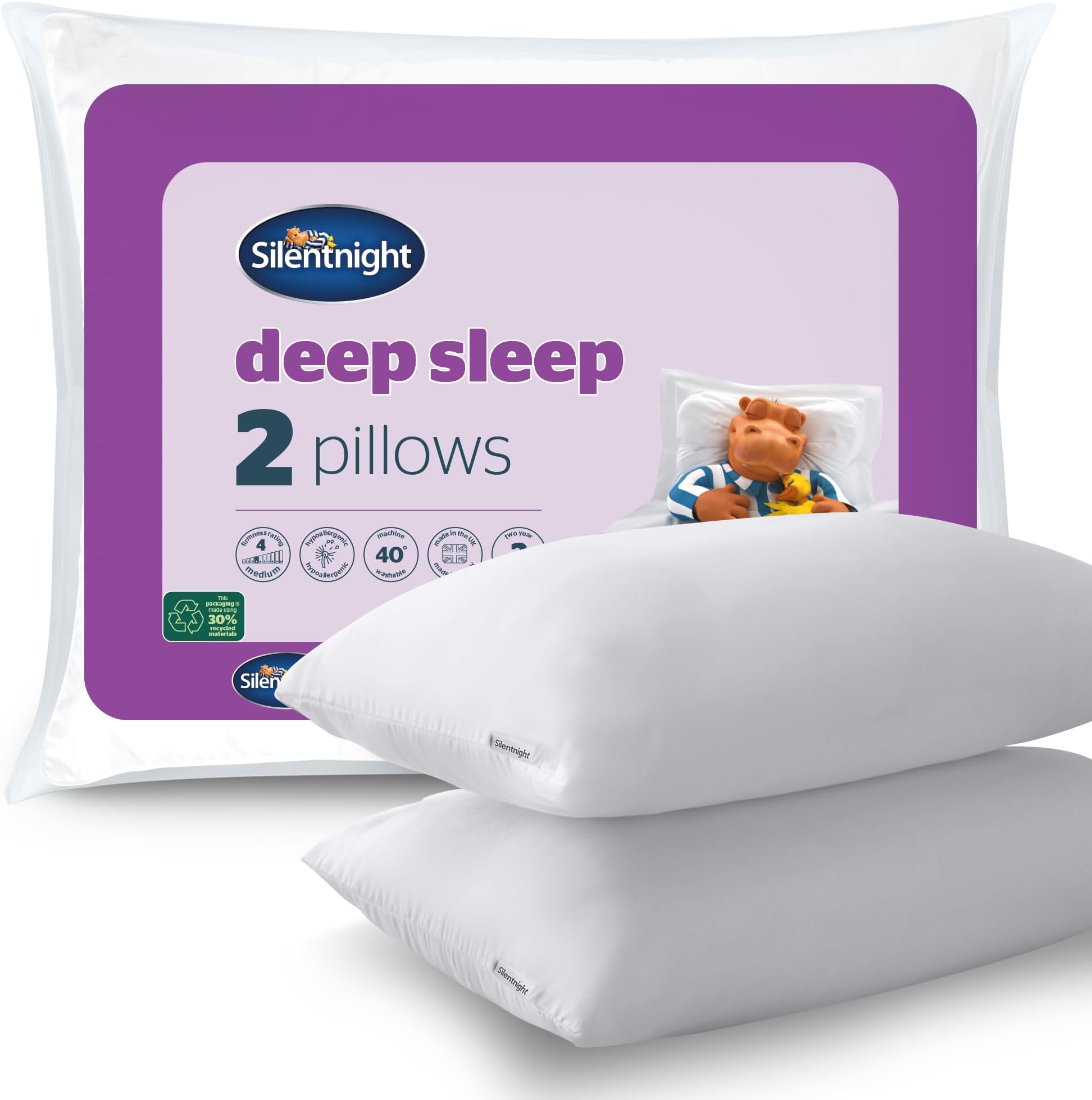 Deep Sleep Pillows 2 Pack – Medium Support Comfortable Hollowfibre Bed for Front, Back and Side Sleepers Machine Washable Hypoallergenic of Standard Size, White