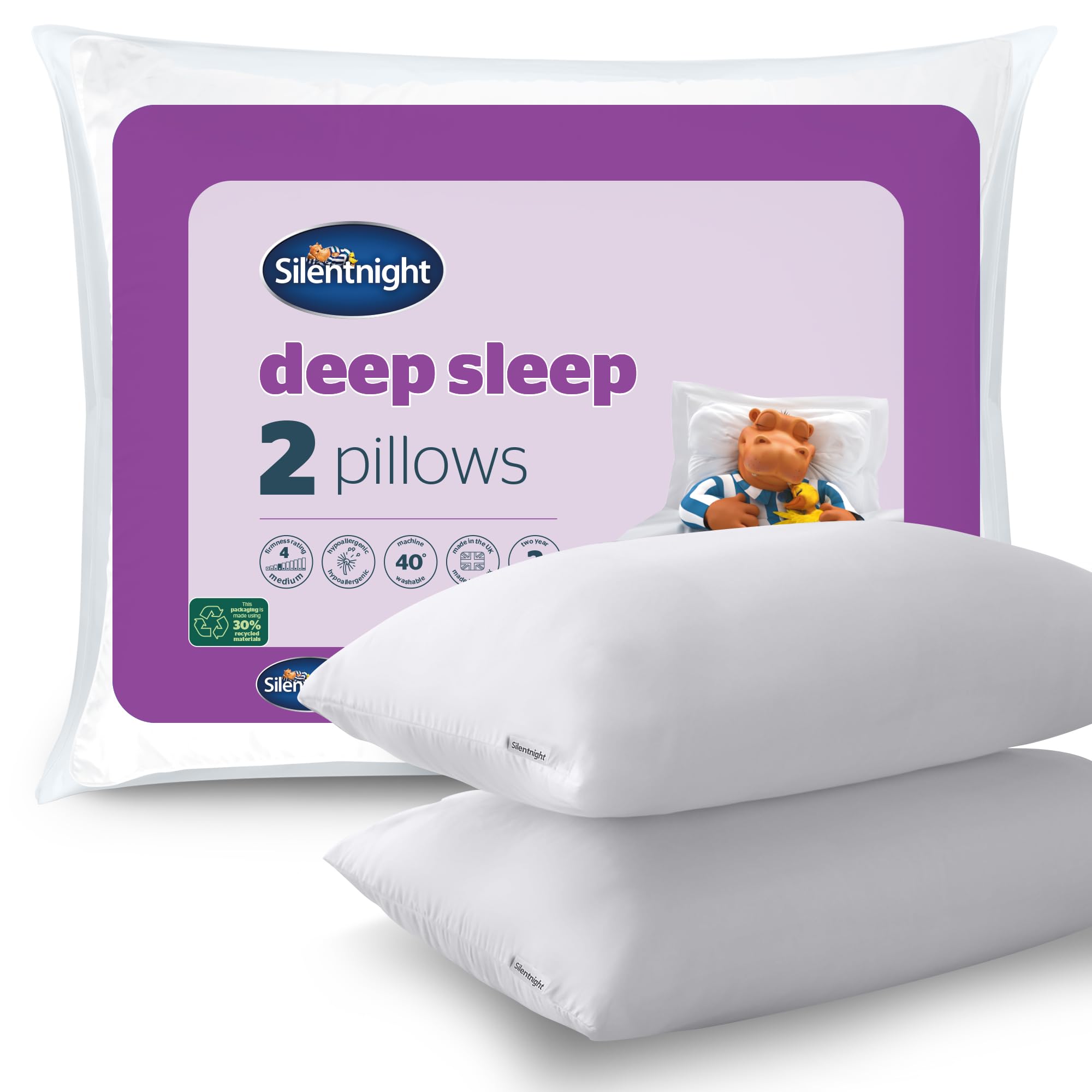 Silentnight Deep Sleep Pillows 2 Pack – Medium Support Comfortable Hollowfibre Bed for Front, Back and Side Sleepers Machine Washable Hypoallergenic of Standard Size, White