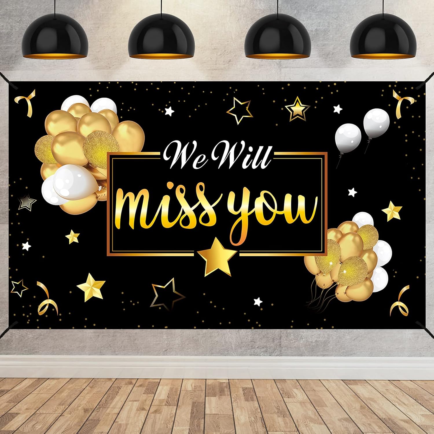 We Will Miss You Going Away Party Banner Backdrop Decorations, Extra Large Black Gold Retirement Party Supplies, Farewell Goodbye Party Background Sign Decor for Coworker Men Women